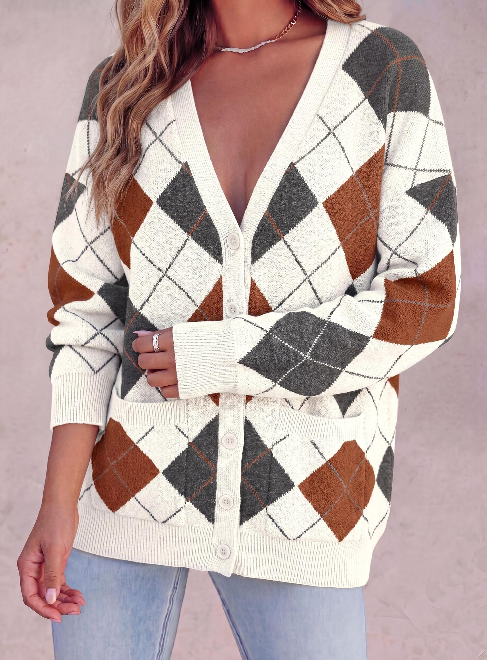 Women's Cardigan Argyle Winter Sweaters (Plaid White,S)