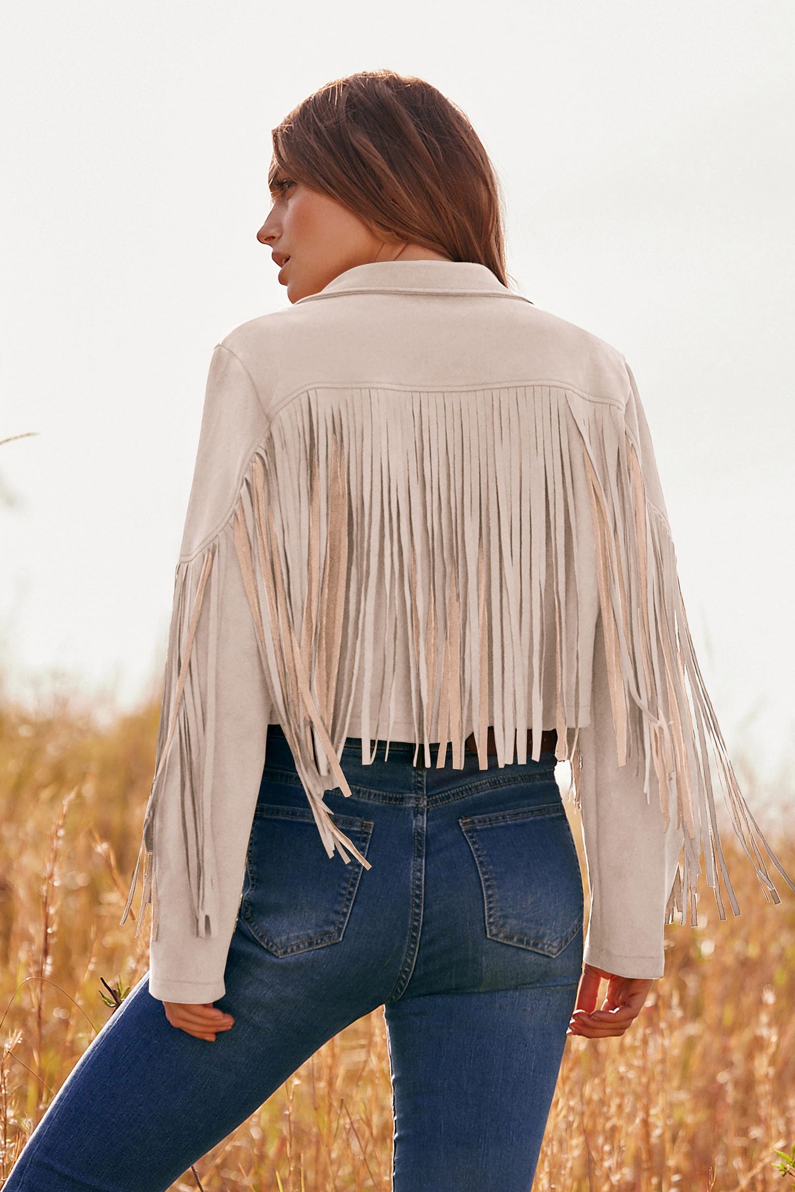 Women's Fringe Faux Suede Leather Jackets,Beige Apricot,S
