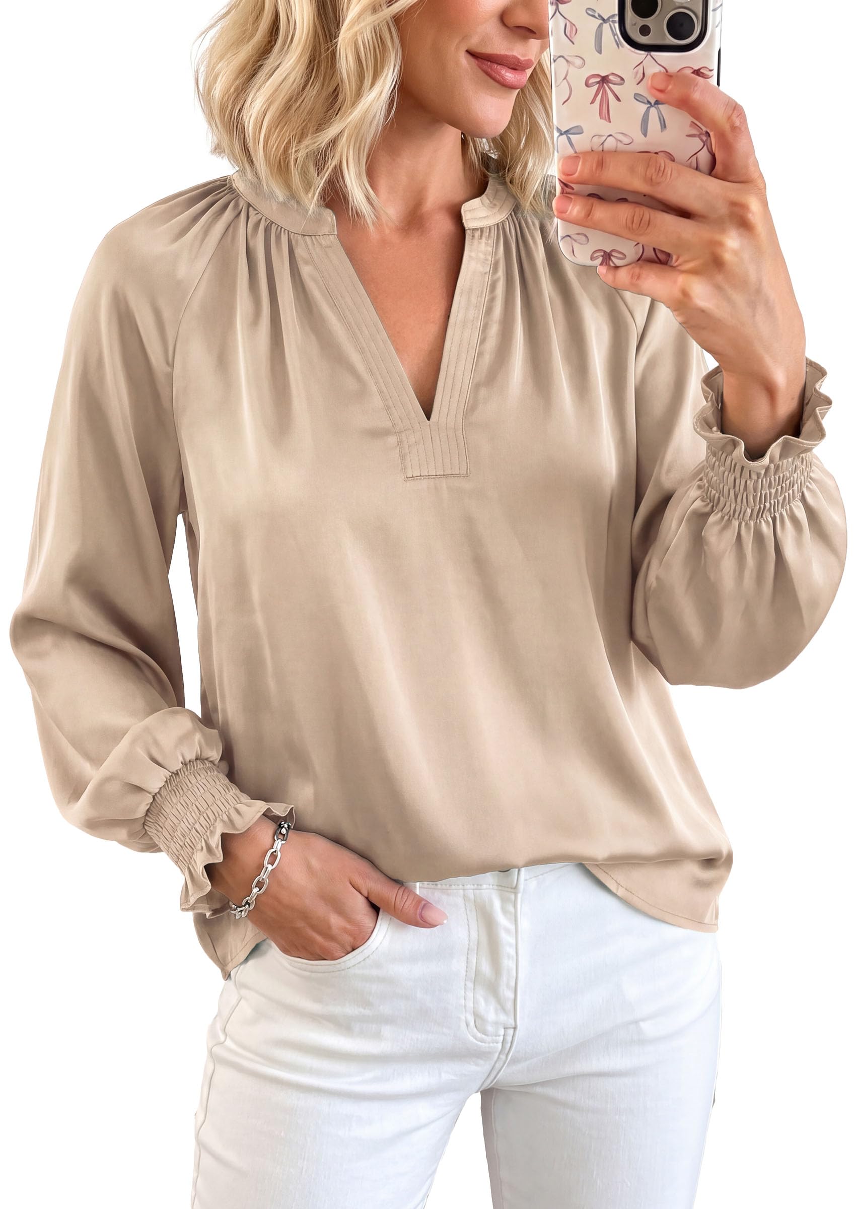 Women's Satin Blouses V Neck Long Sleeve Tops,Beige,S