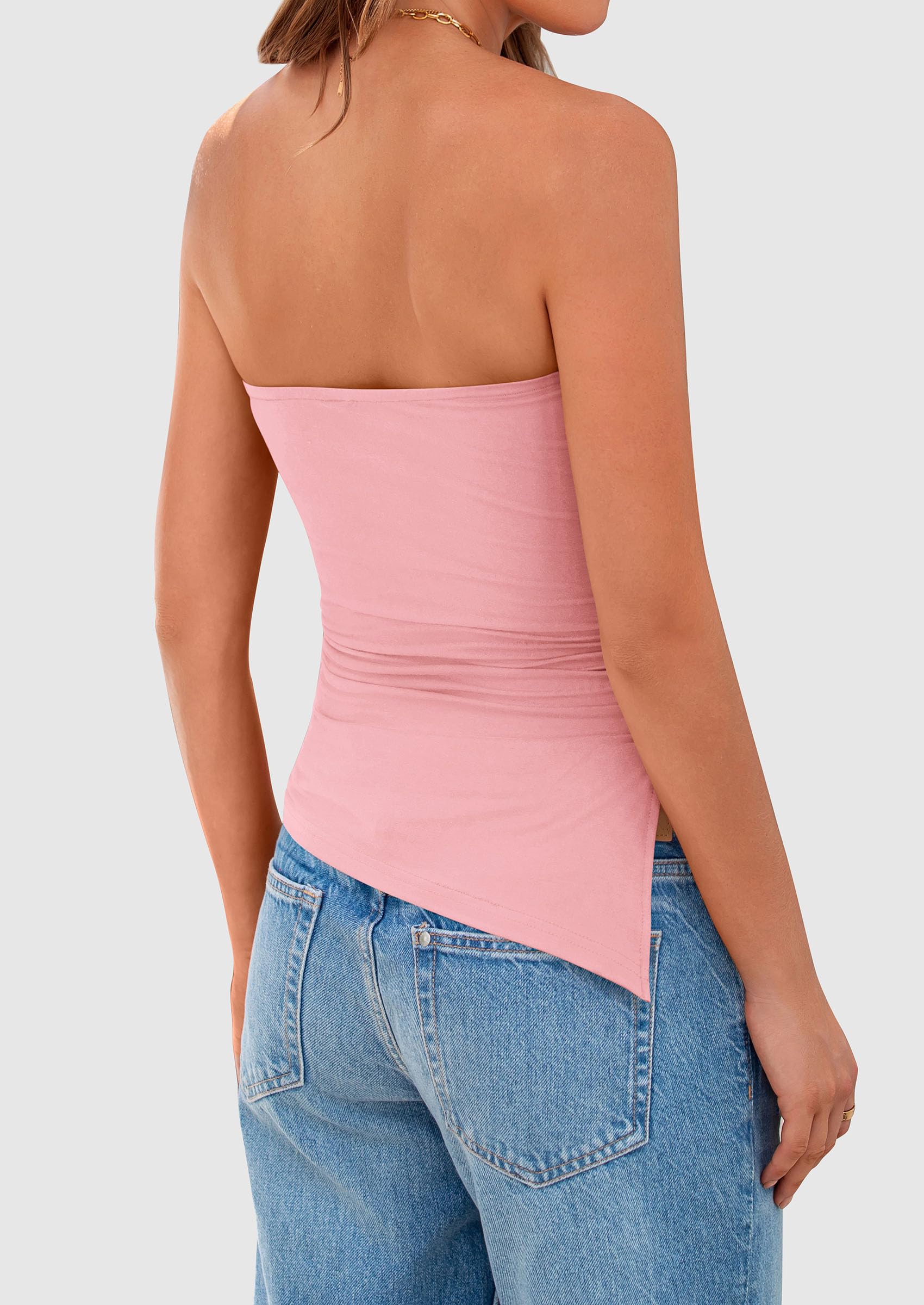 Women's Ruched Asymmetrical Strapless Tube Top, Pink,S