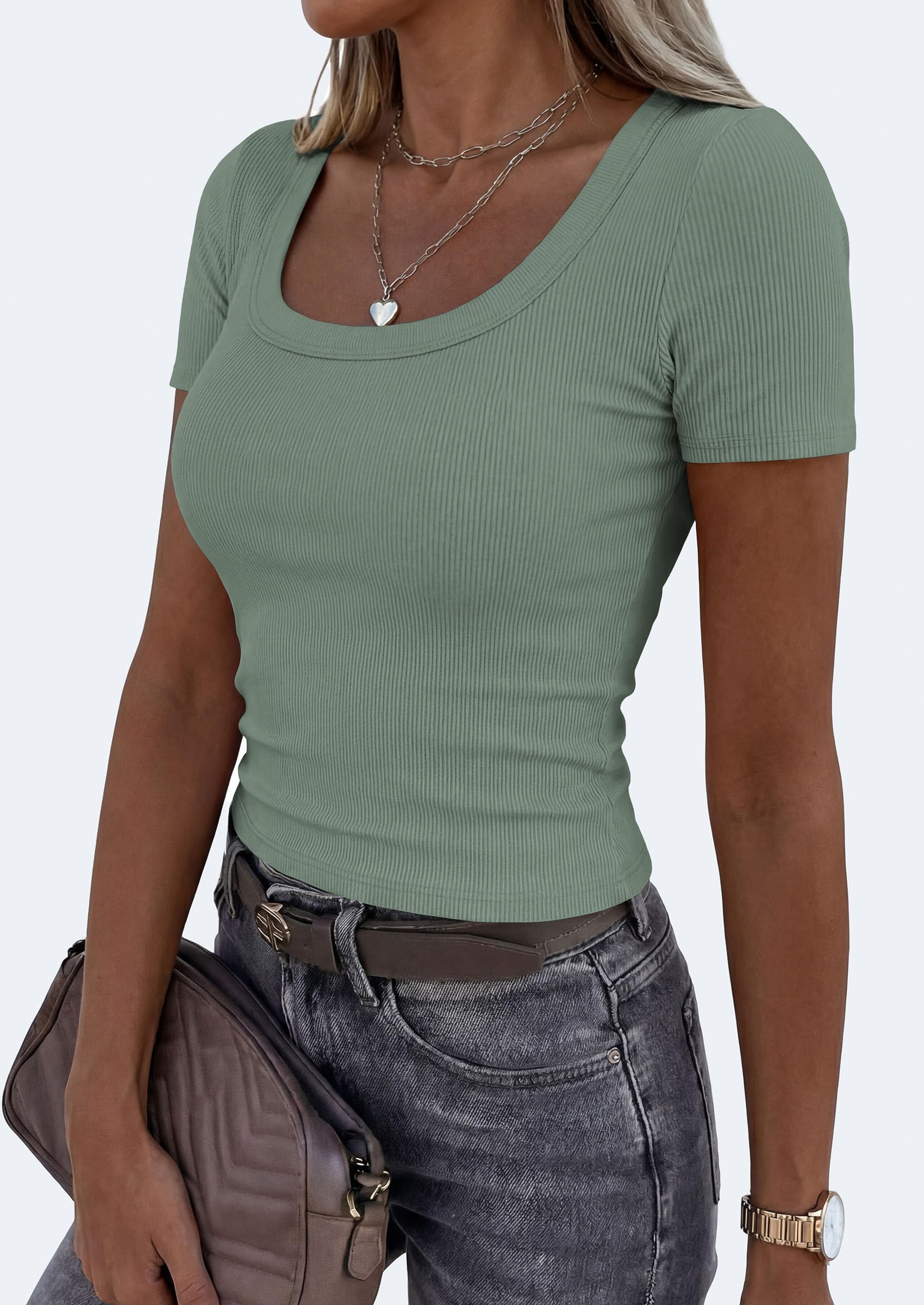 Womens Summer Short Sleeve Scoop Neck Tops,Sage Green,M