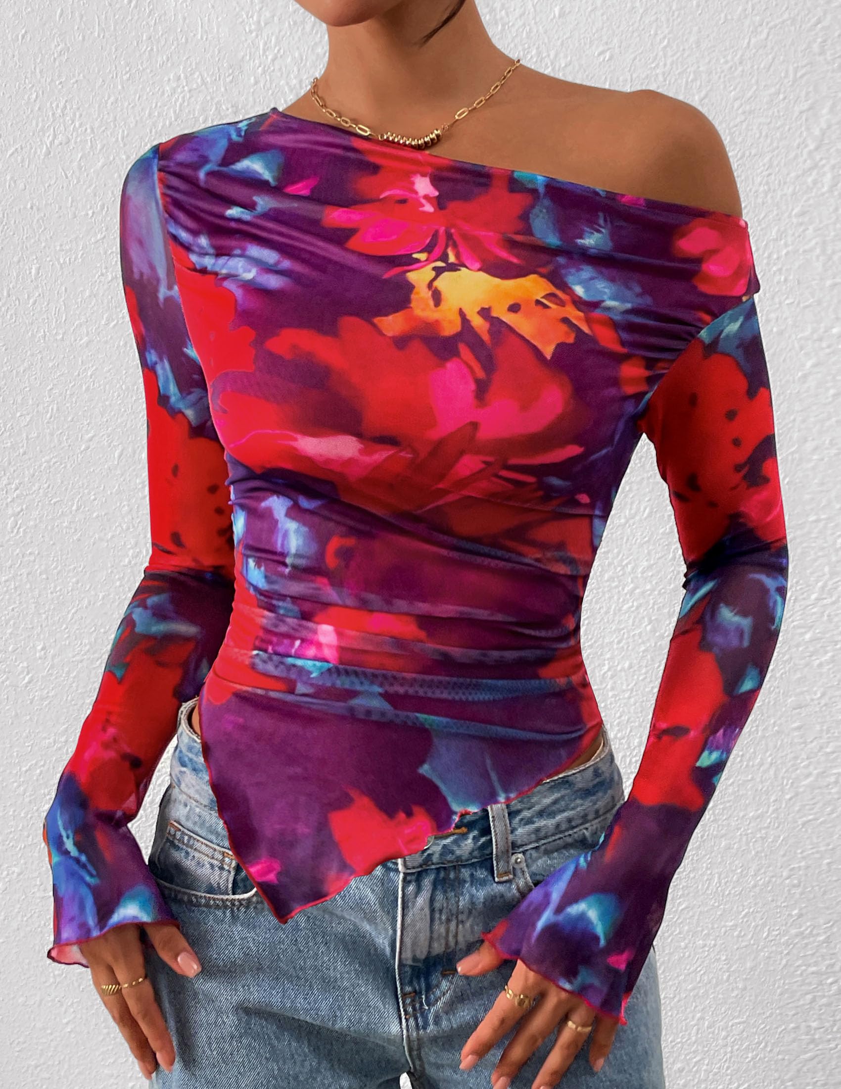 Womens Off Shoulder Mesh Y2k Tops,Floral Navy Red,XS