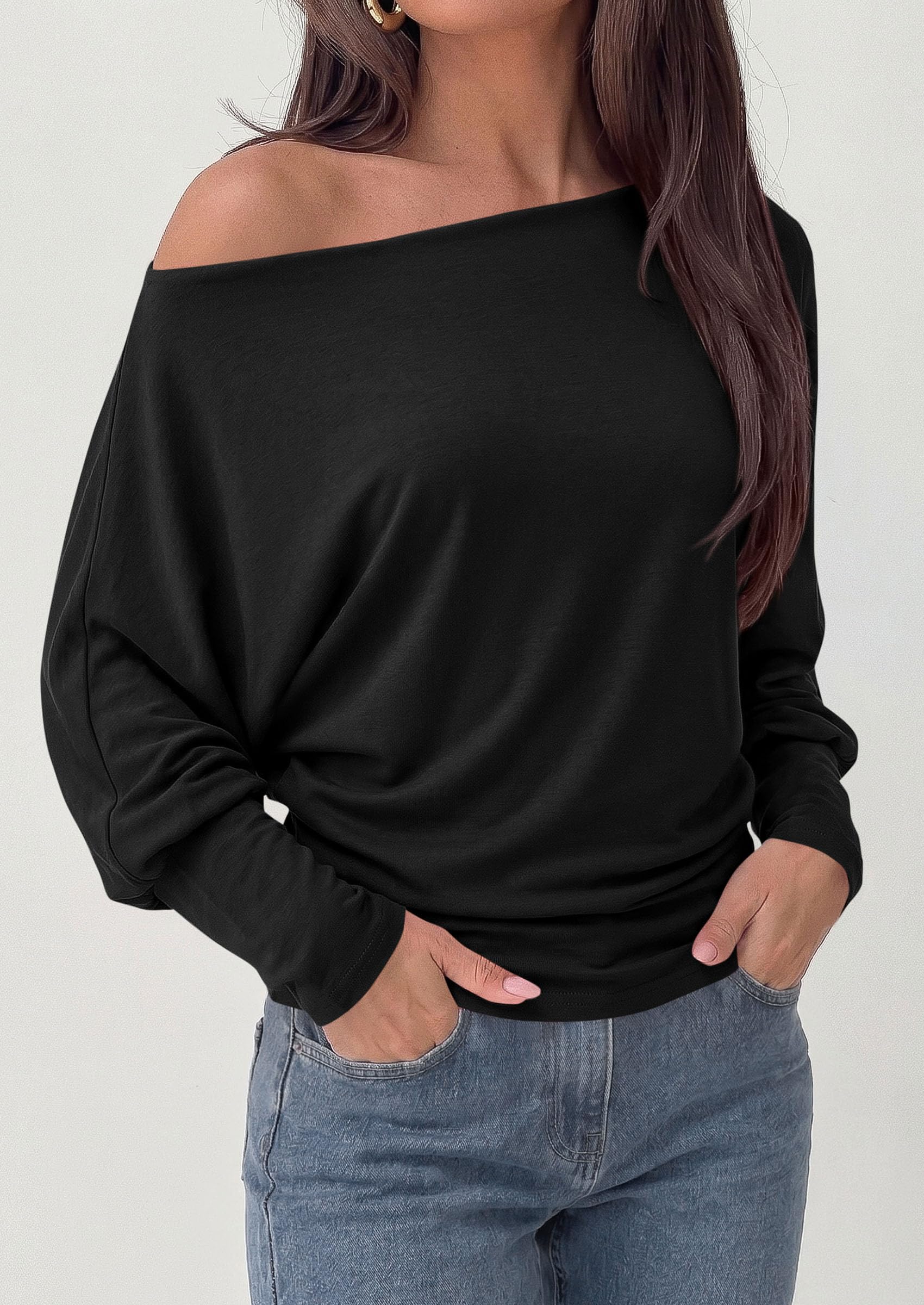 Womens Off The Shoulder Batwing Long Sleeve Top,Black,S