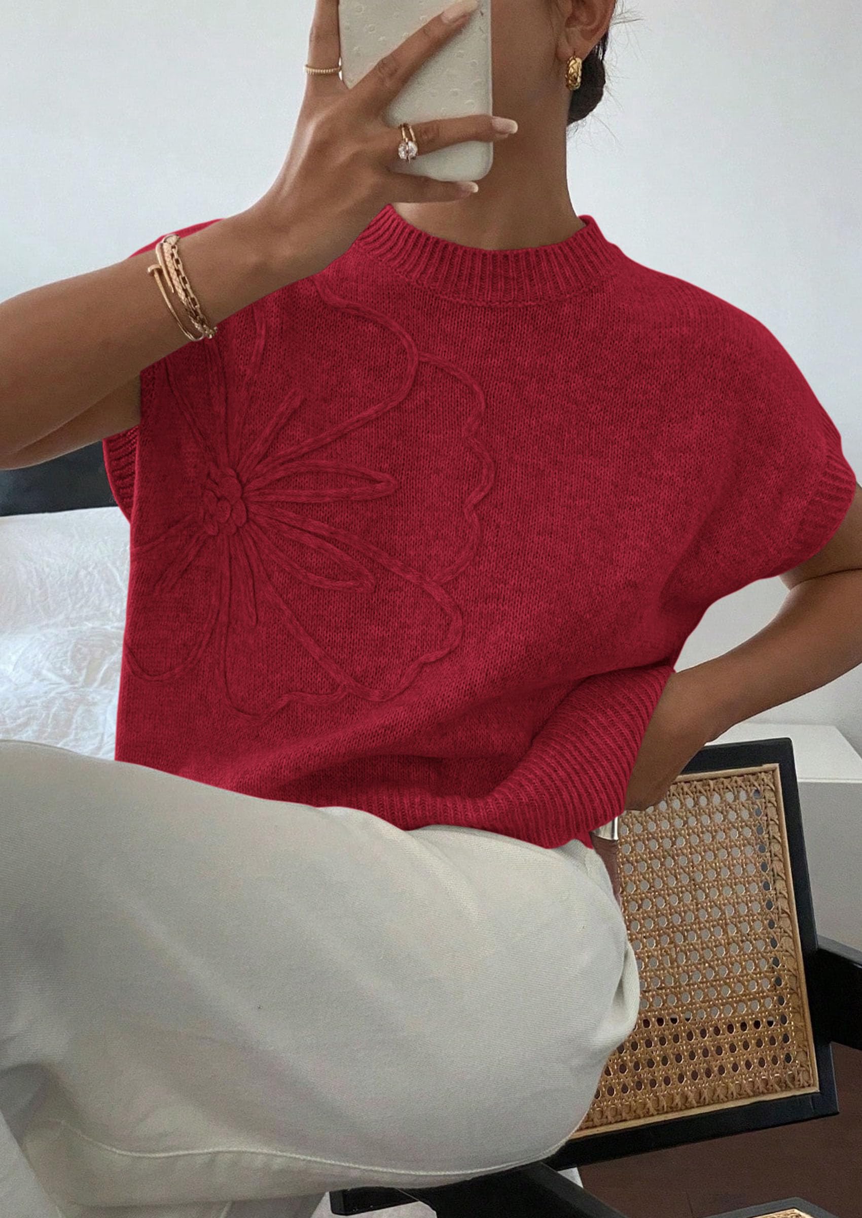 Women's Summer Short Cap Sleeve Sweater Vest (Red,S)