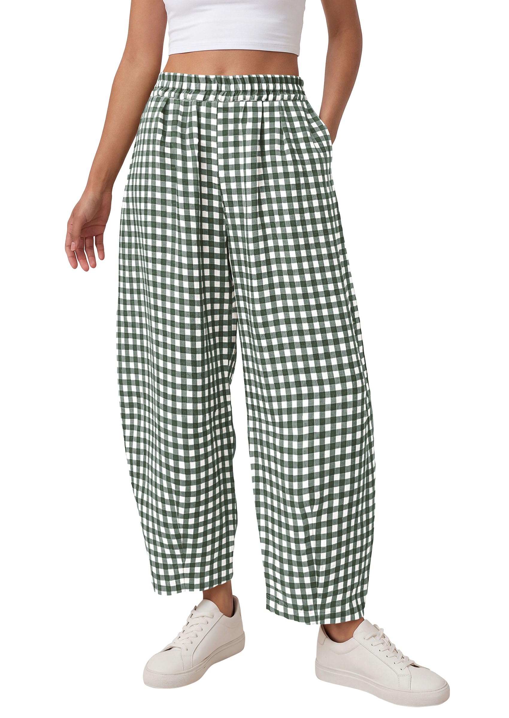 Plaid Barrel Pants Women Summer Bottoms, Dark Green Plaid,S