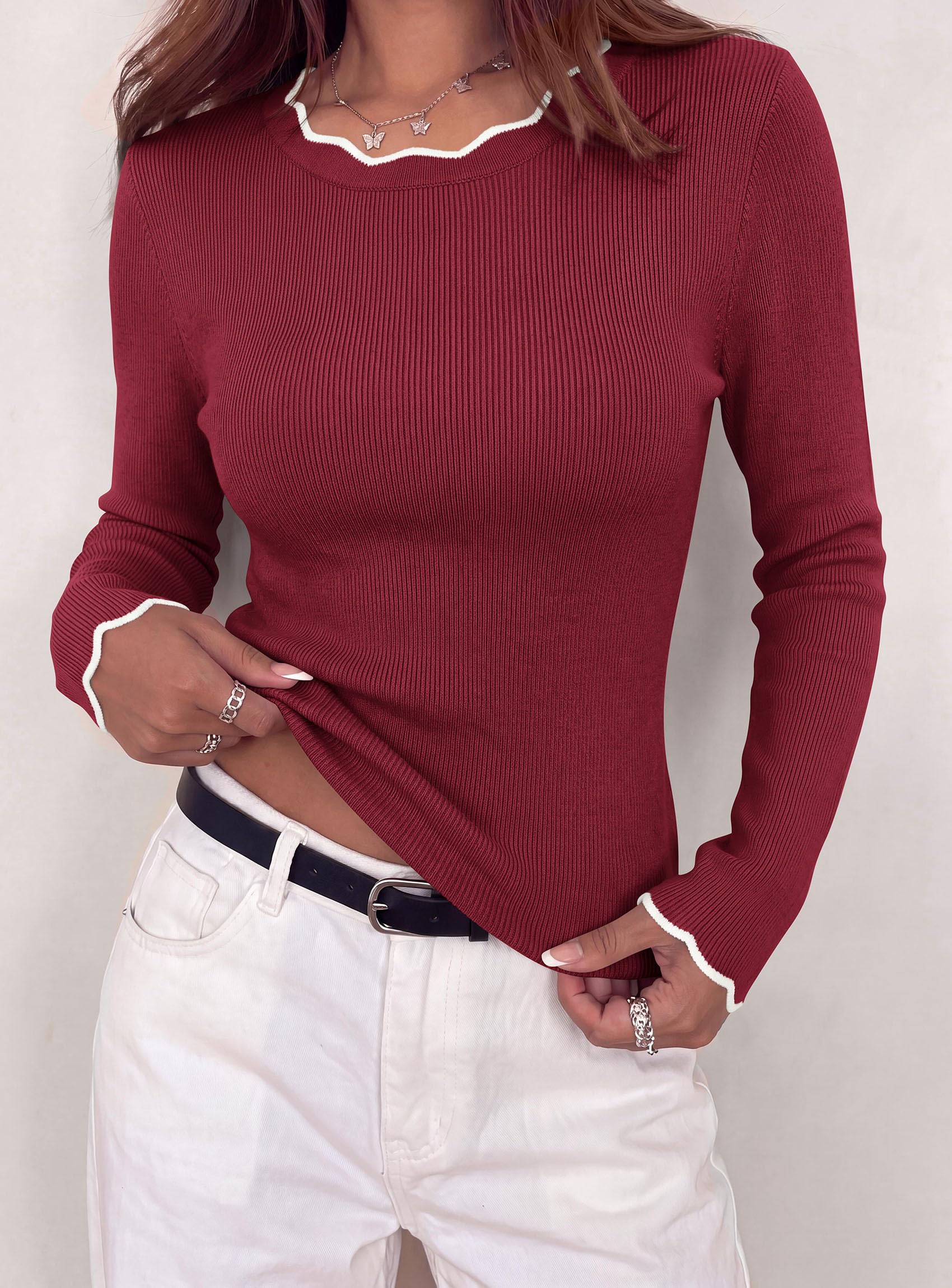 Women's Long Sleeve Ribbed Knit Pullover Sweaters,Burgundy,S