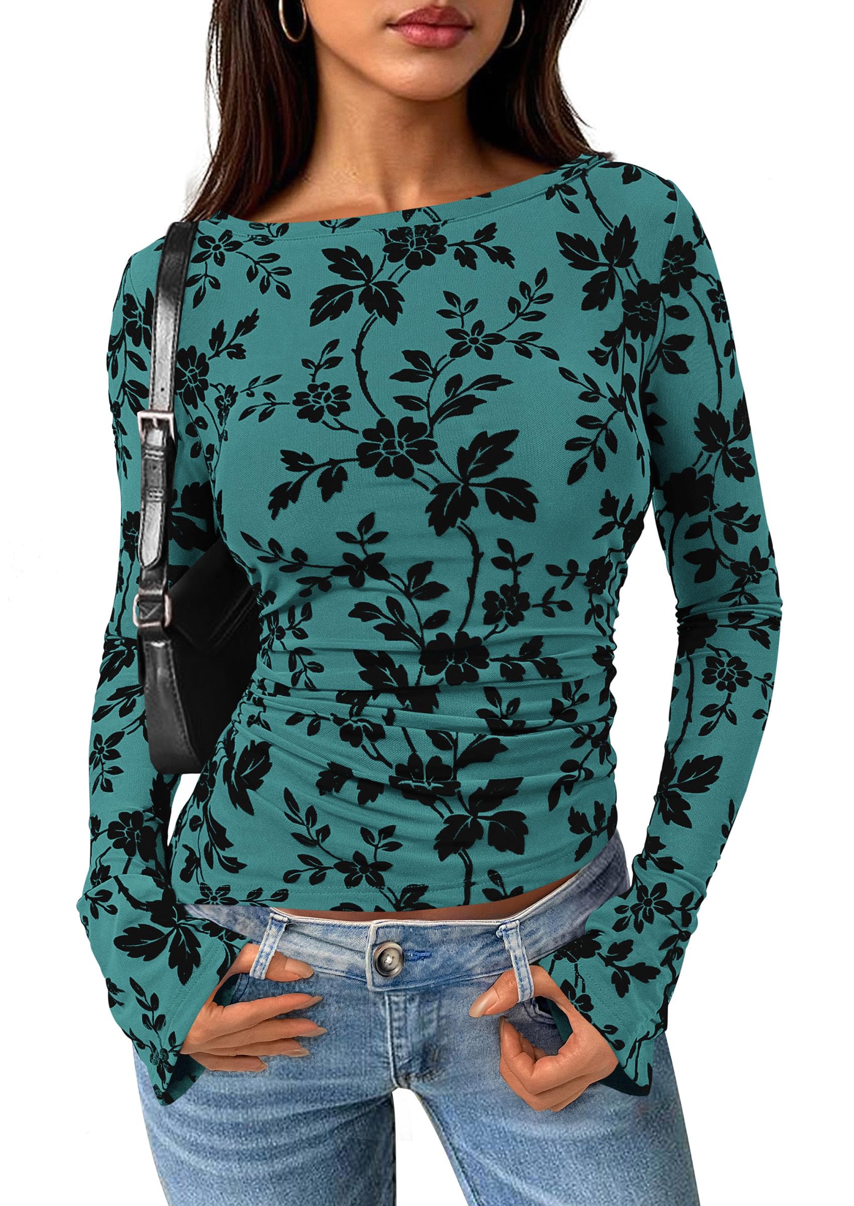 Women's Long Bell Sleeve Y2K Tops Boho Floral Mesh Blouses