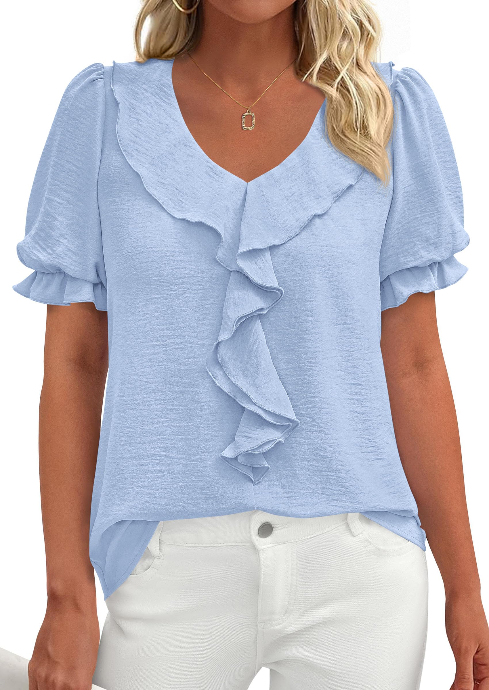 Women's Summer Ruffle Dressy Casual Blouses (Light Blue,S)