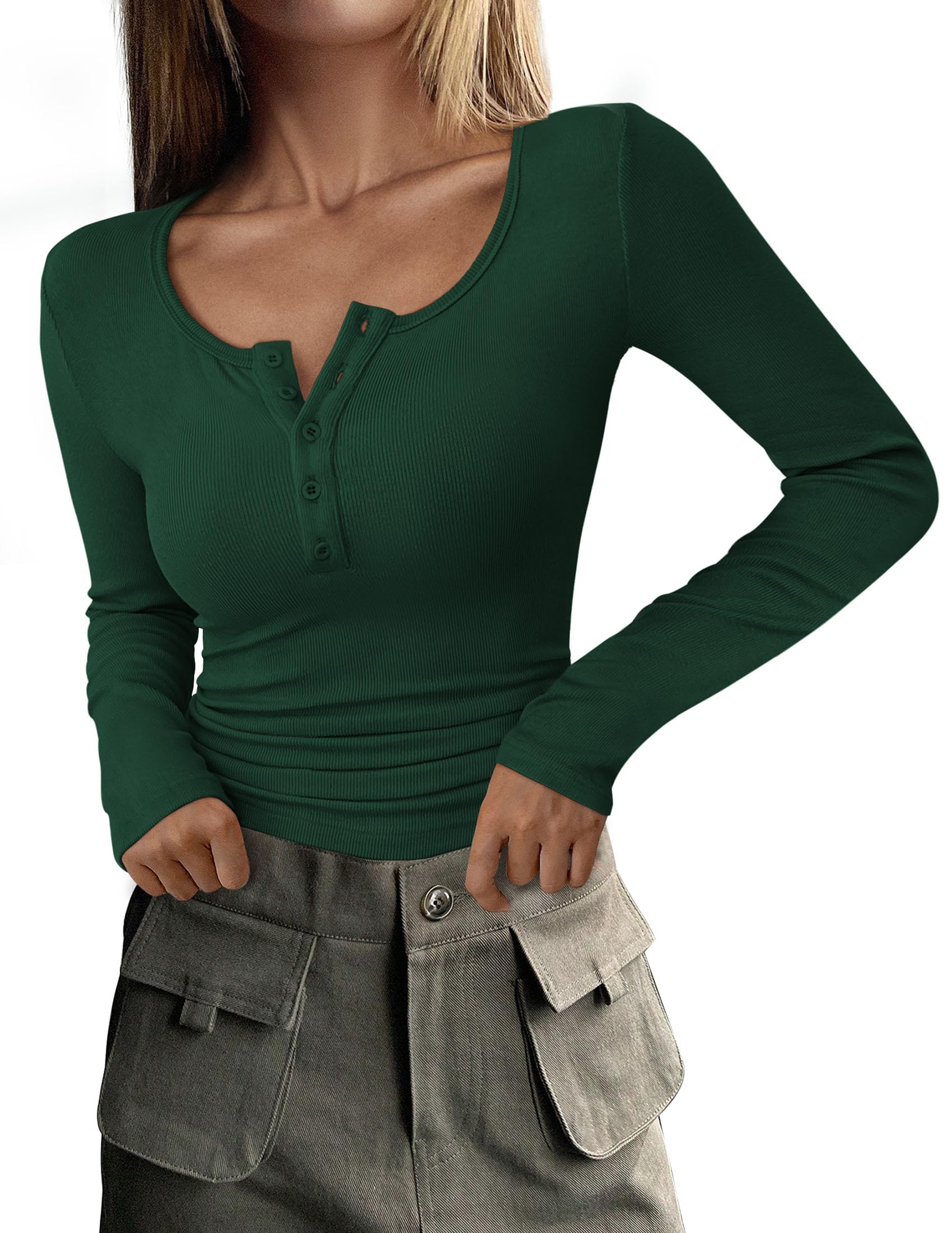 Women's Fall Long Sleeve Henley T Shirts Dark Green