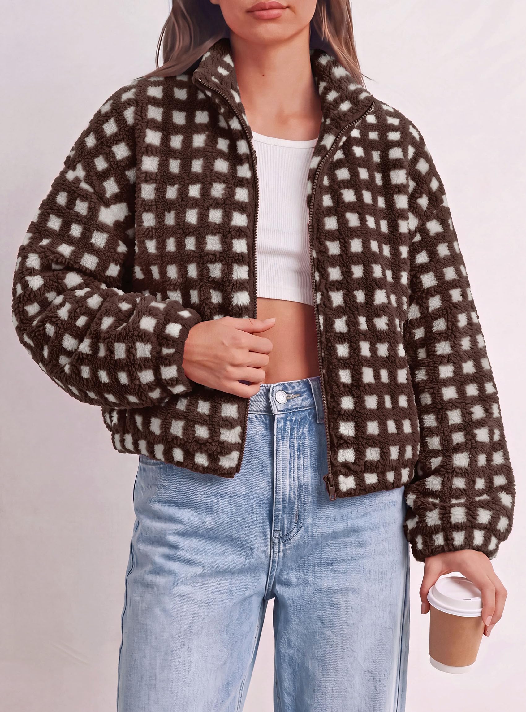 Women's Gingham Sherpa Fleece Jacket Plaid Cropped Teddy Coat