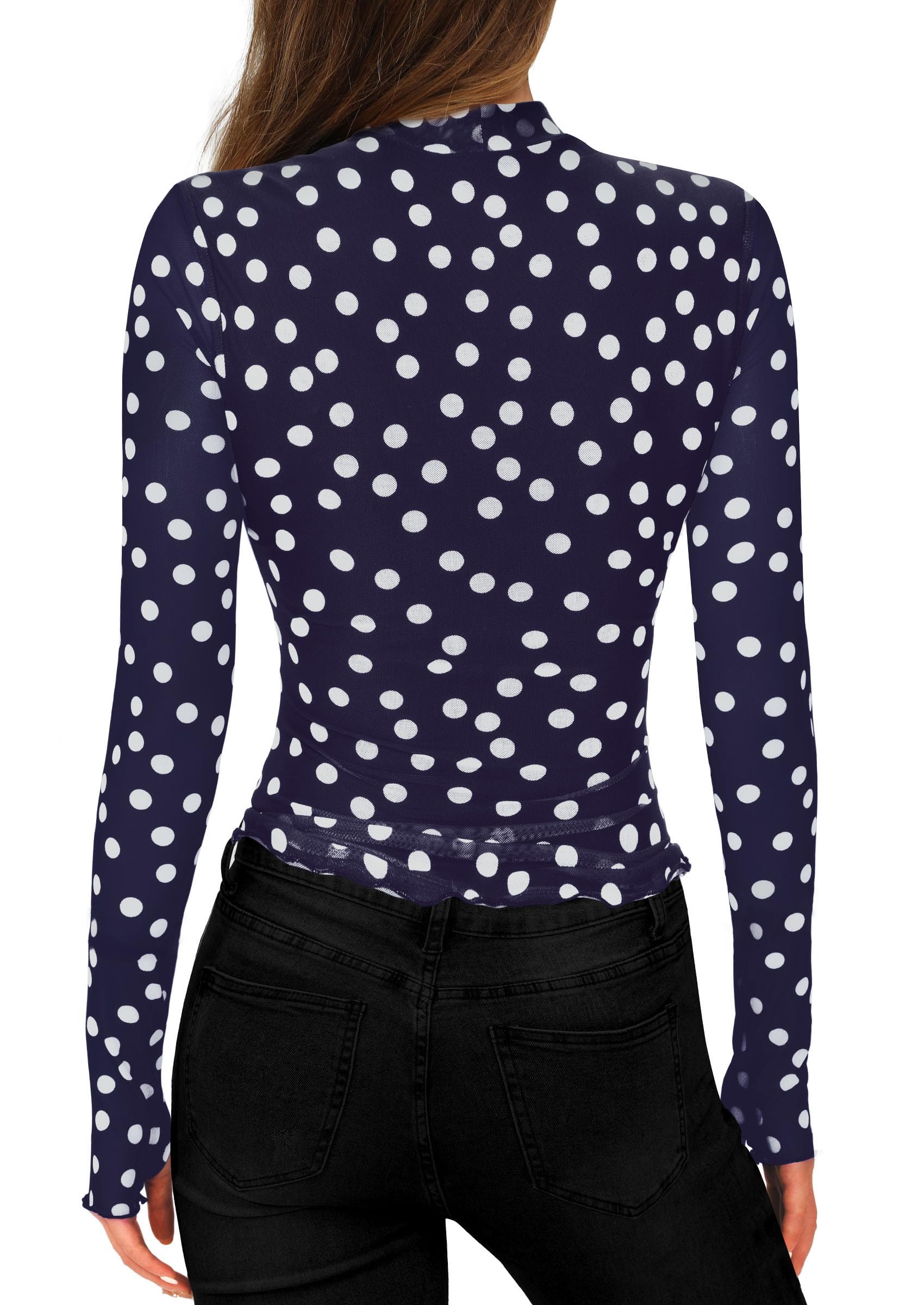 Womens Floral Mesh Long Sleeve Tops Fall Slim Fitted Shirts