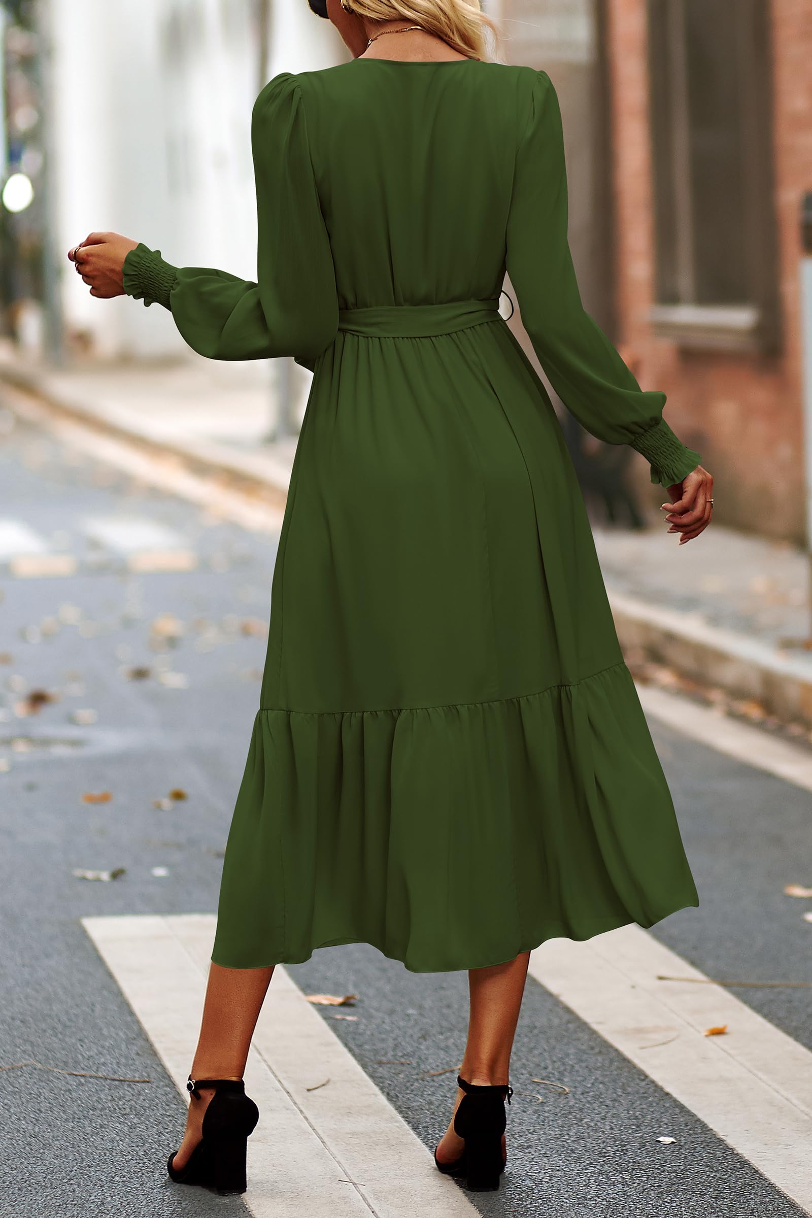 Women's Boho Long Sleeve Maxi Dress, Solid Army Green,S