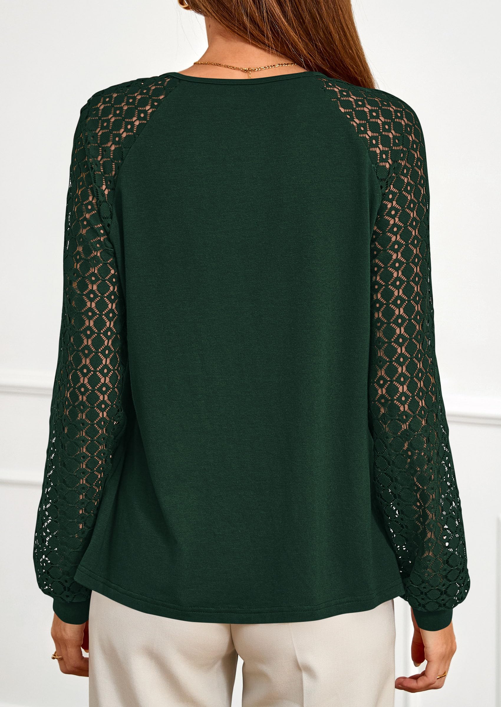 Women's Long Sleeve Shirts Fall Lace Tops,Dark Green,S