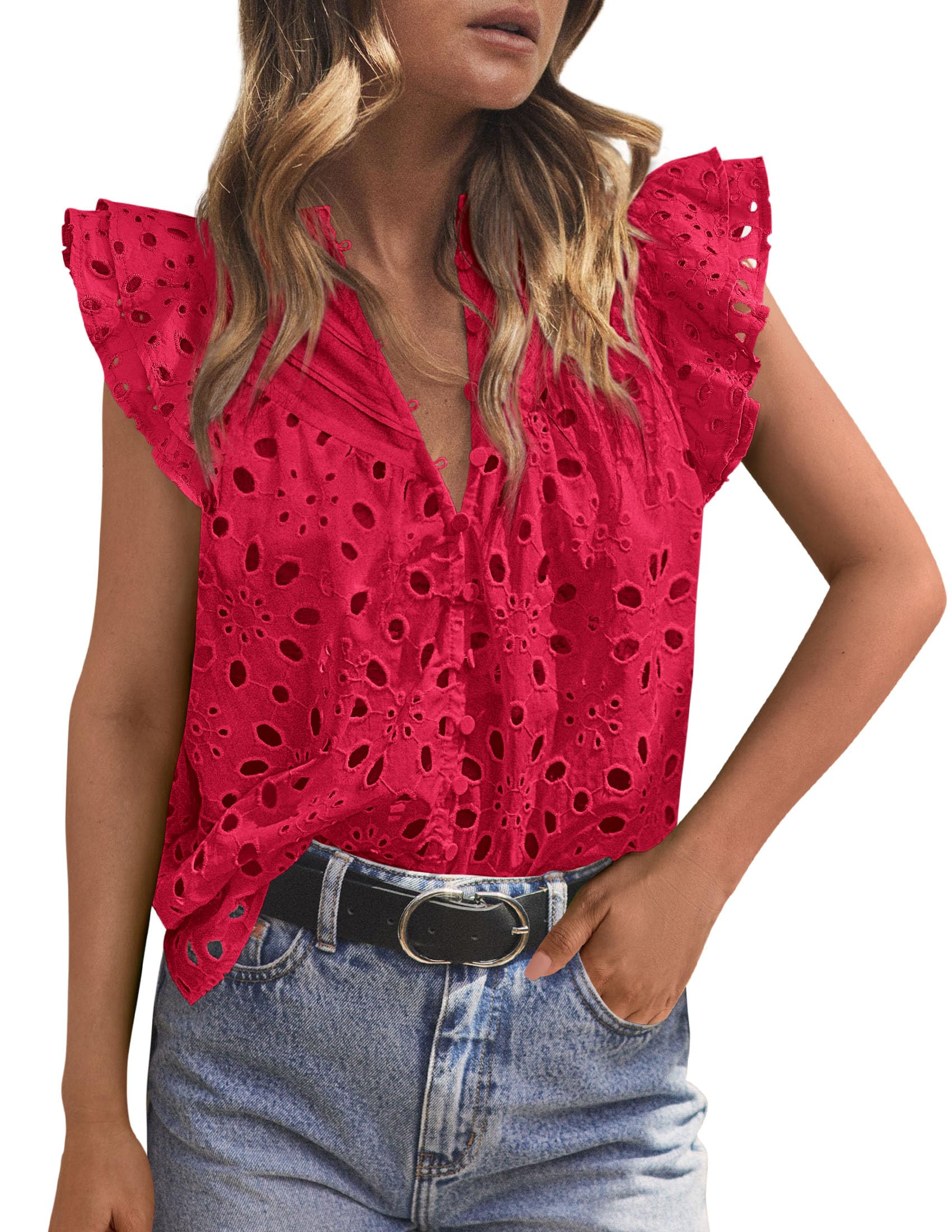 Women's Eyelet V Neck Summer Tops Dressy Casual Red,S