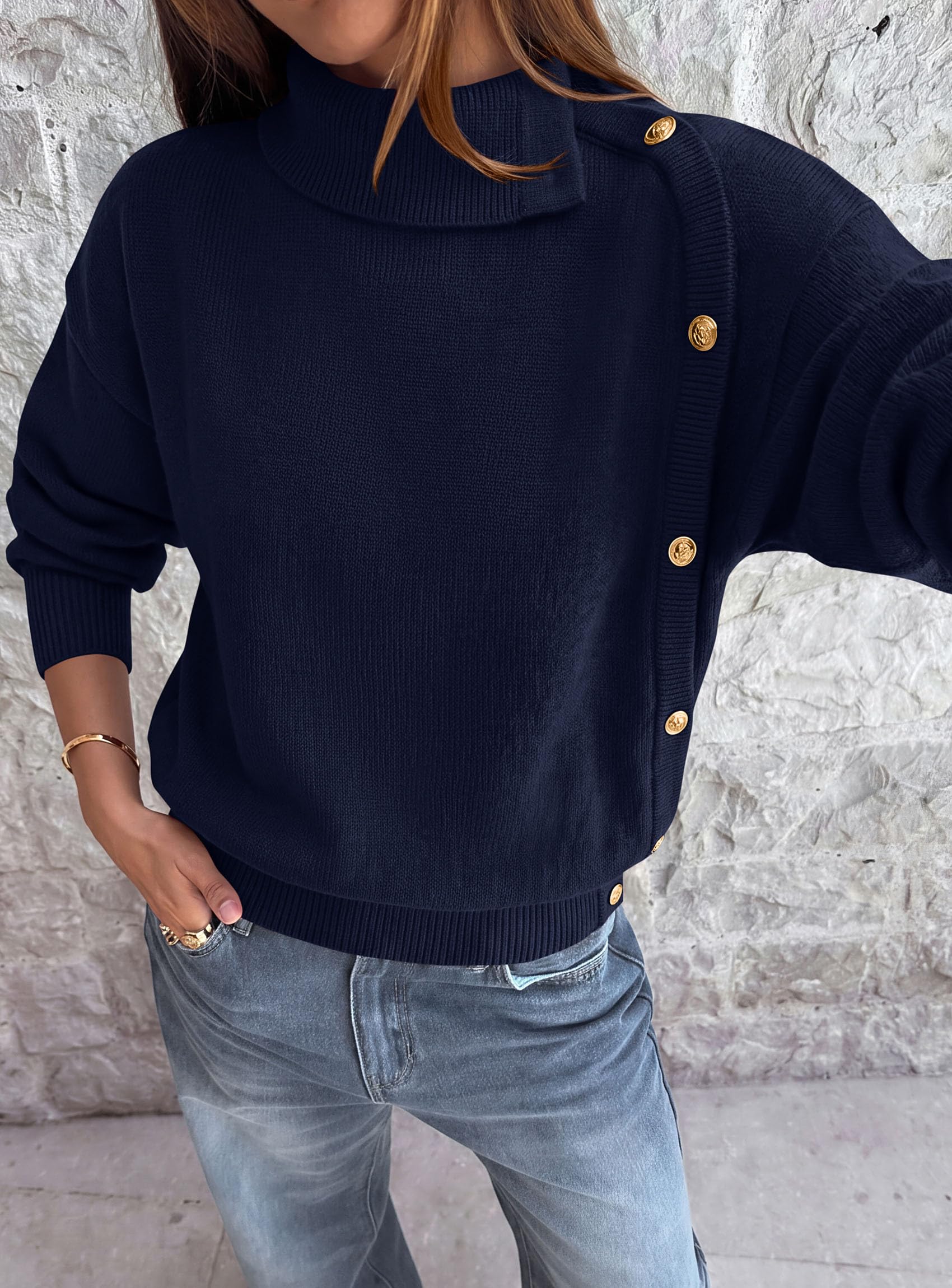 Womens Turtleneck Sweater Pullover Side Button Fall Clothes