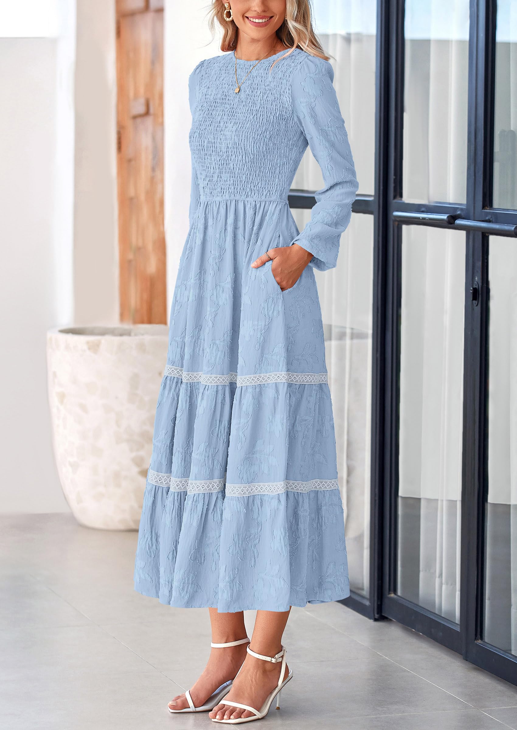 Women's Long Sleeve Boho Floral Midi Dress, Light Blue,M