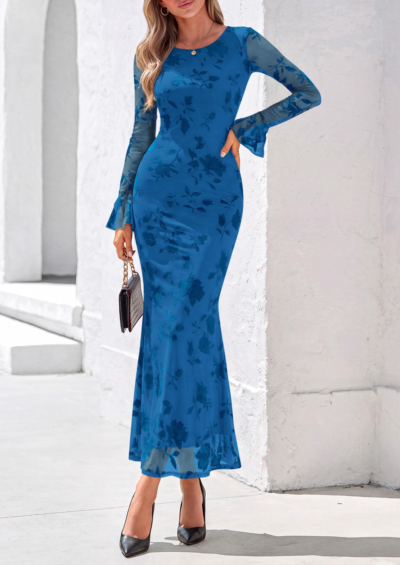 Women's Long Sleeve Maxi Floral Mesh Fall Wedding Guest Dress