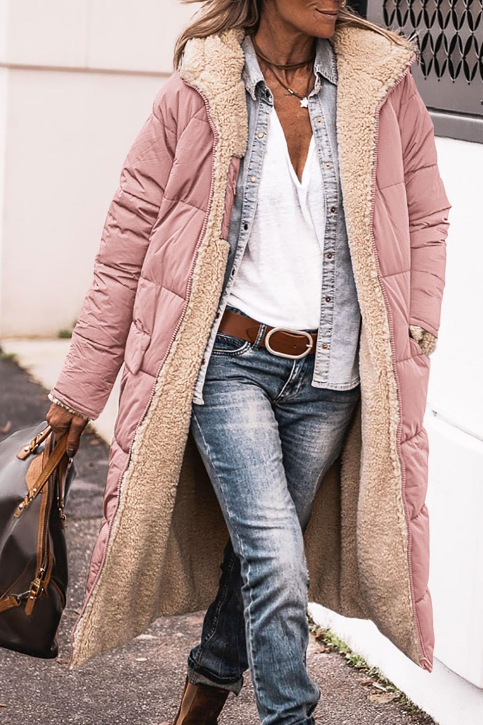 Women's Winter Fleece Warm Long Coats(Pink,XXL)
