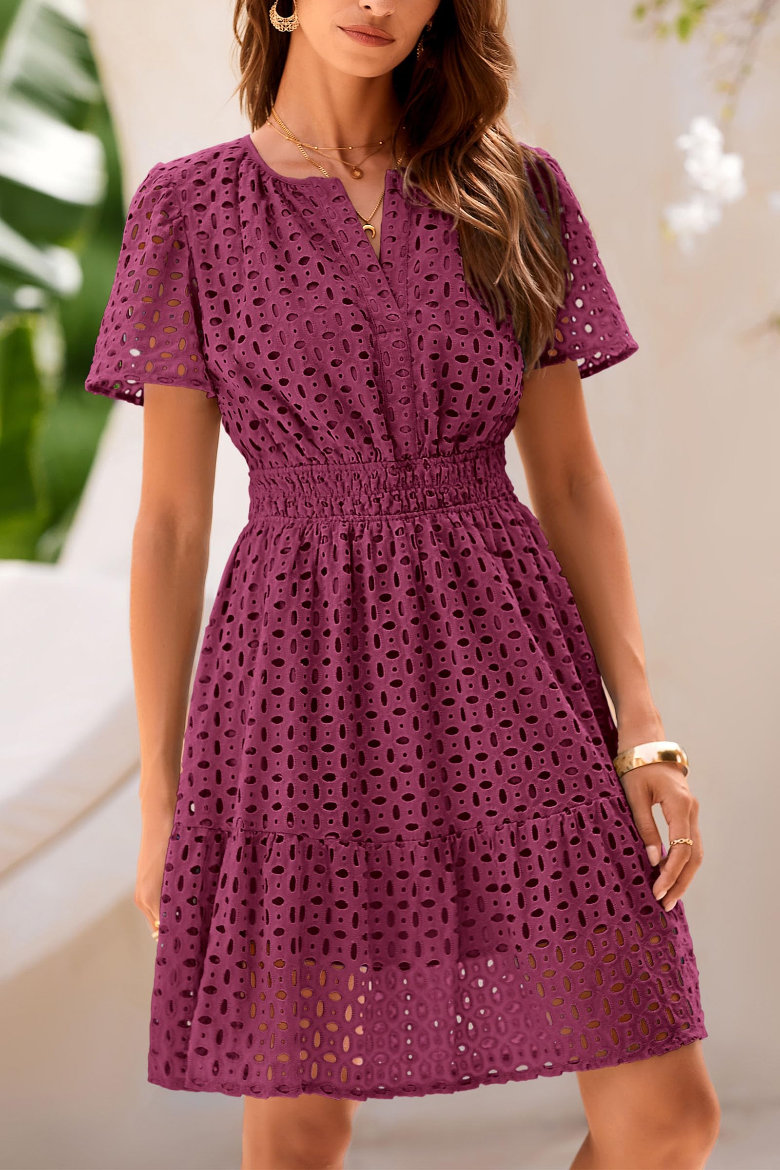 Women's Summer Eyelet Lace Short Dresses (Wine Red,S)