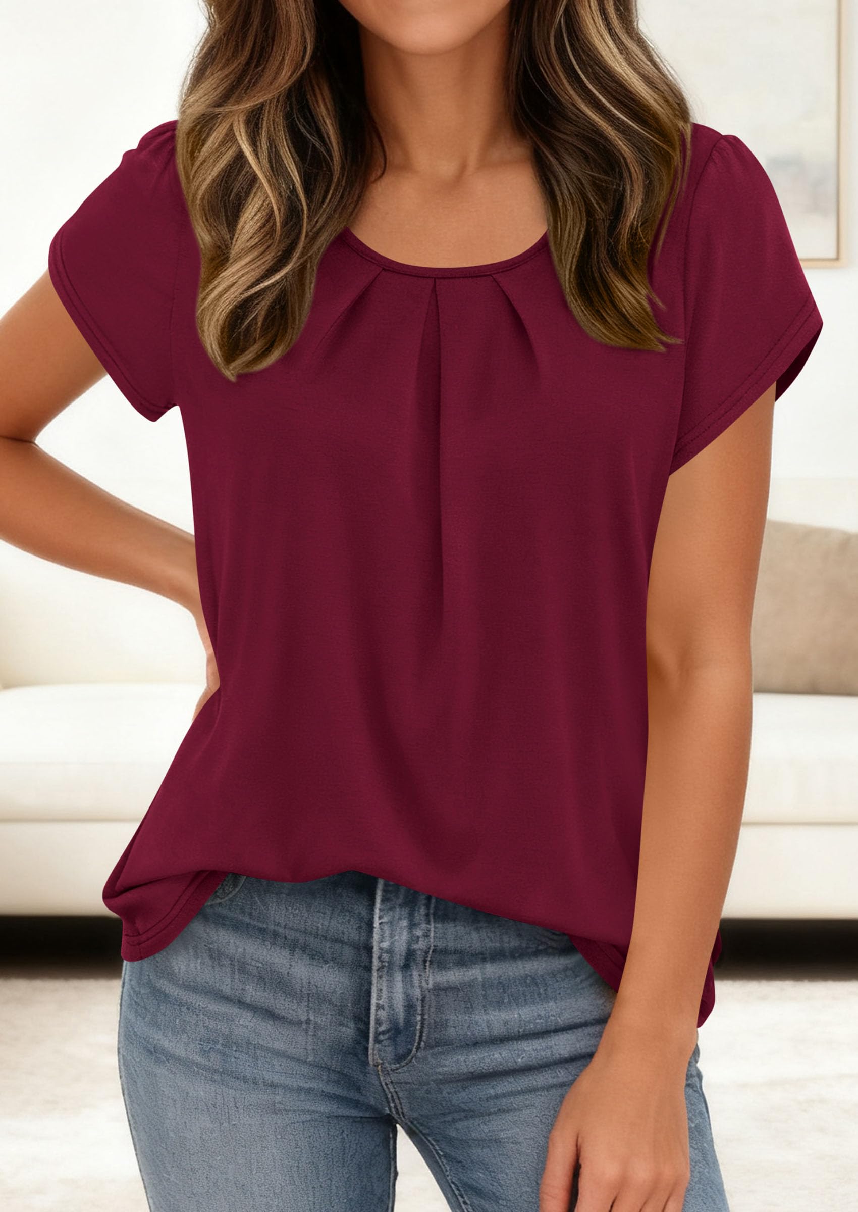 Women's Summer Short Sleeve Tops Casual Blouses,Burgundy,S