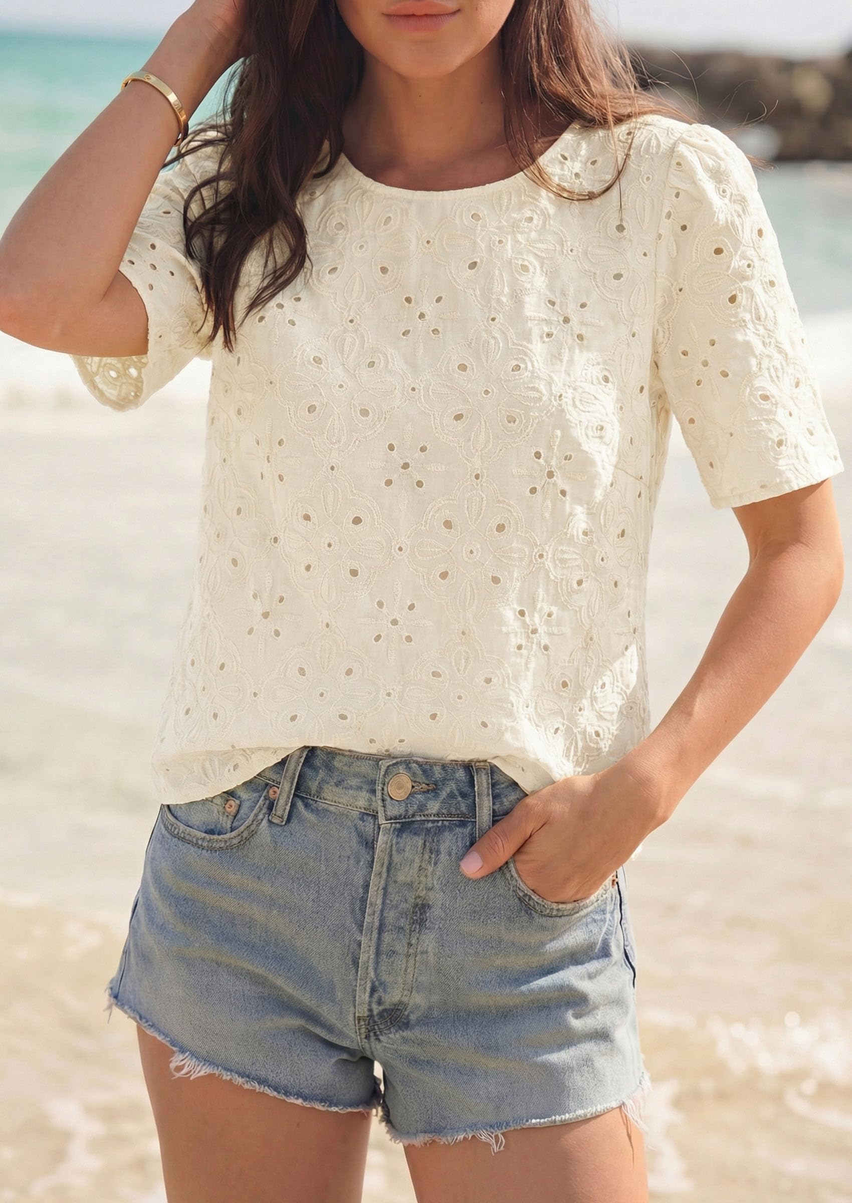 Women's Embroidered Eyelet Short Sleeve Blouse, Apricot,XS
