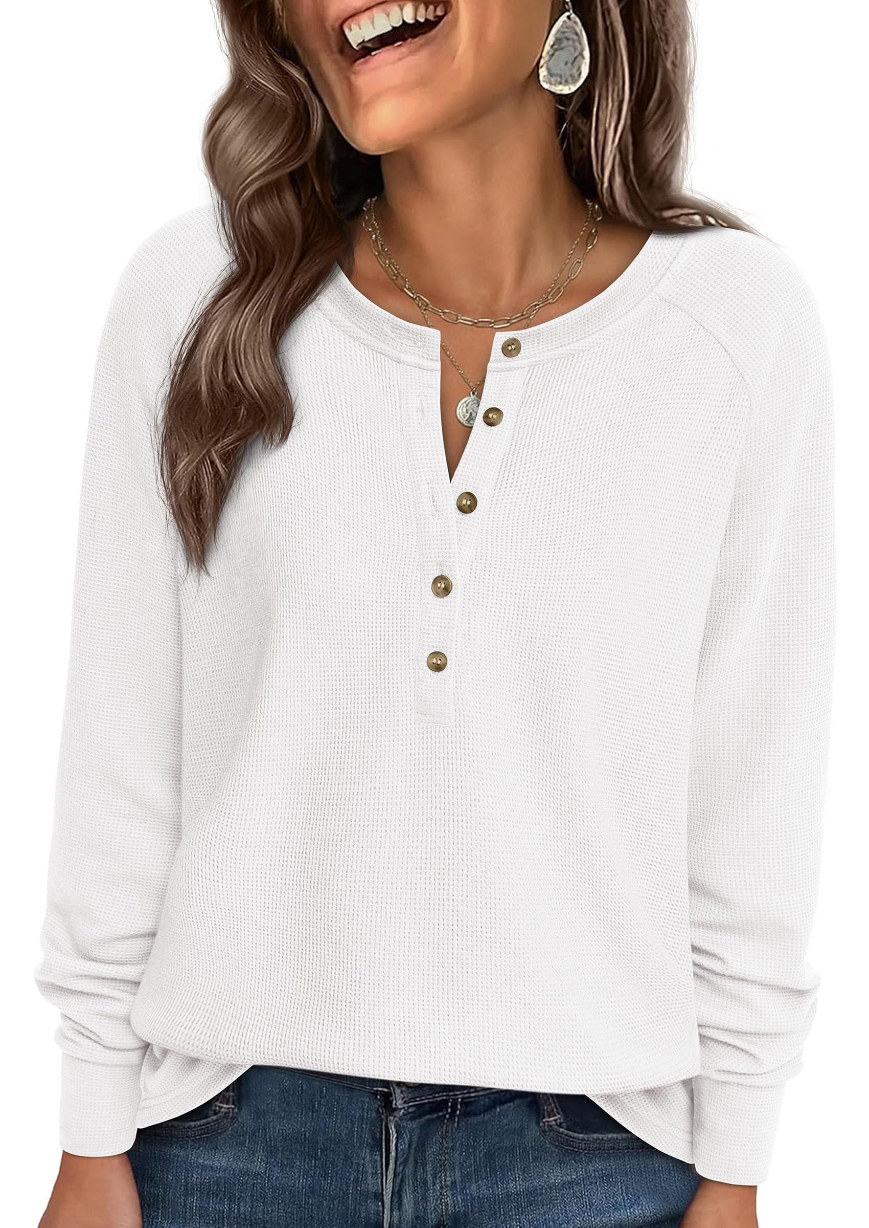 Women's Long Sleeve Waffle Knit Henley Shirts Loose Tunic Tops