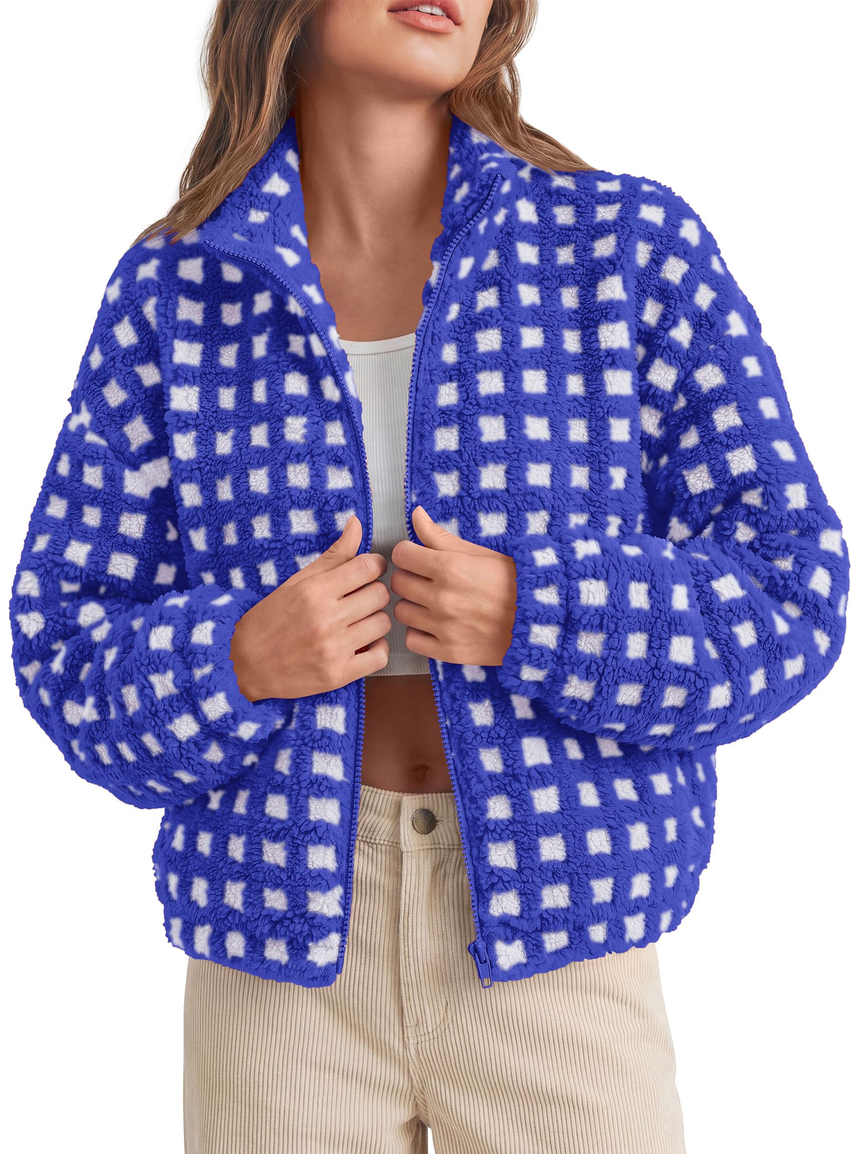 Women's Gingham Sherpa Fleece Jacket Plaid Cropped Teddy Coat
