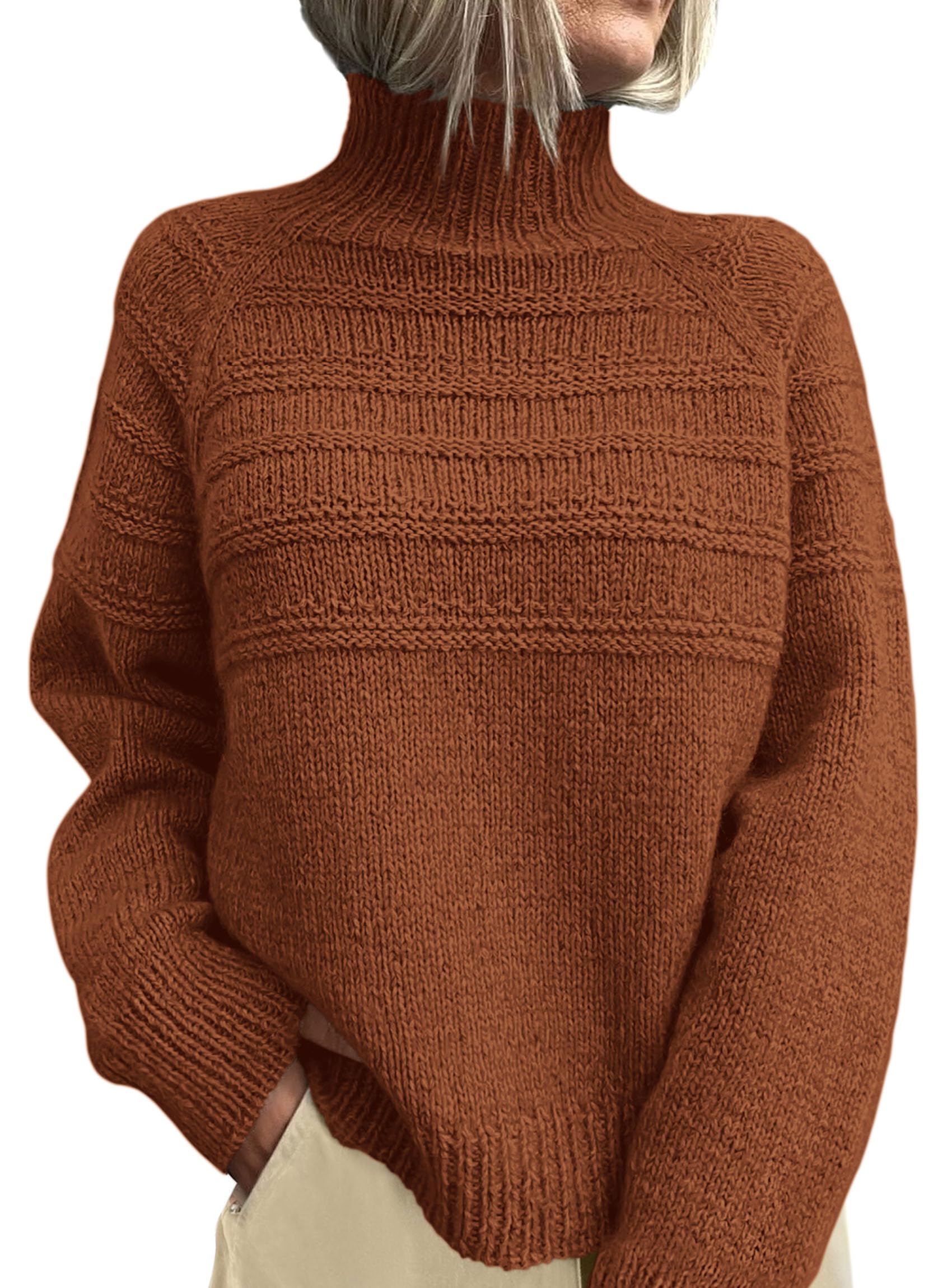 Women's Chunky Knit Mock Neck Pullover Sweaters,Caramel,S