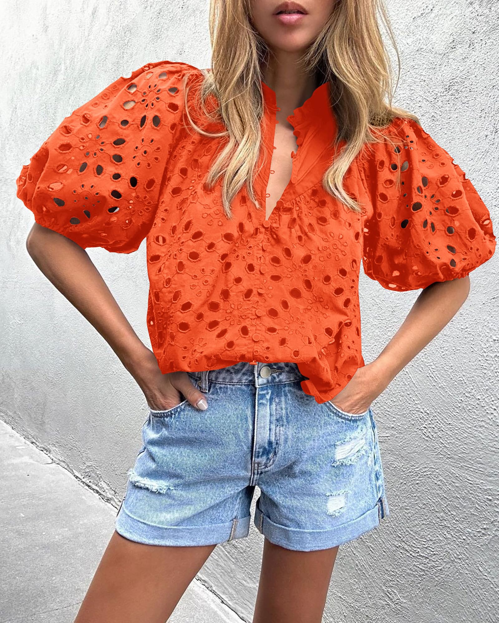 Womens Tops Boho Eyelet Puff Sleeve Blouse, Orange,S