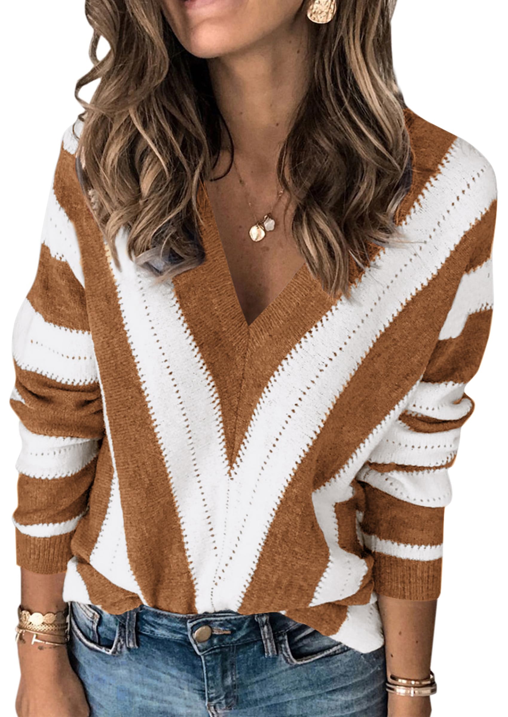 Women's V Neck Striped Knit Pullover Sweater