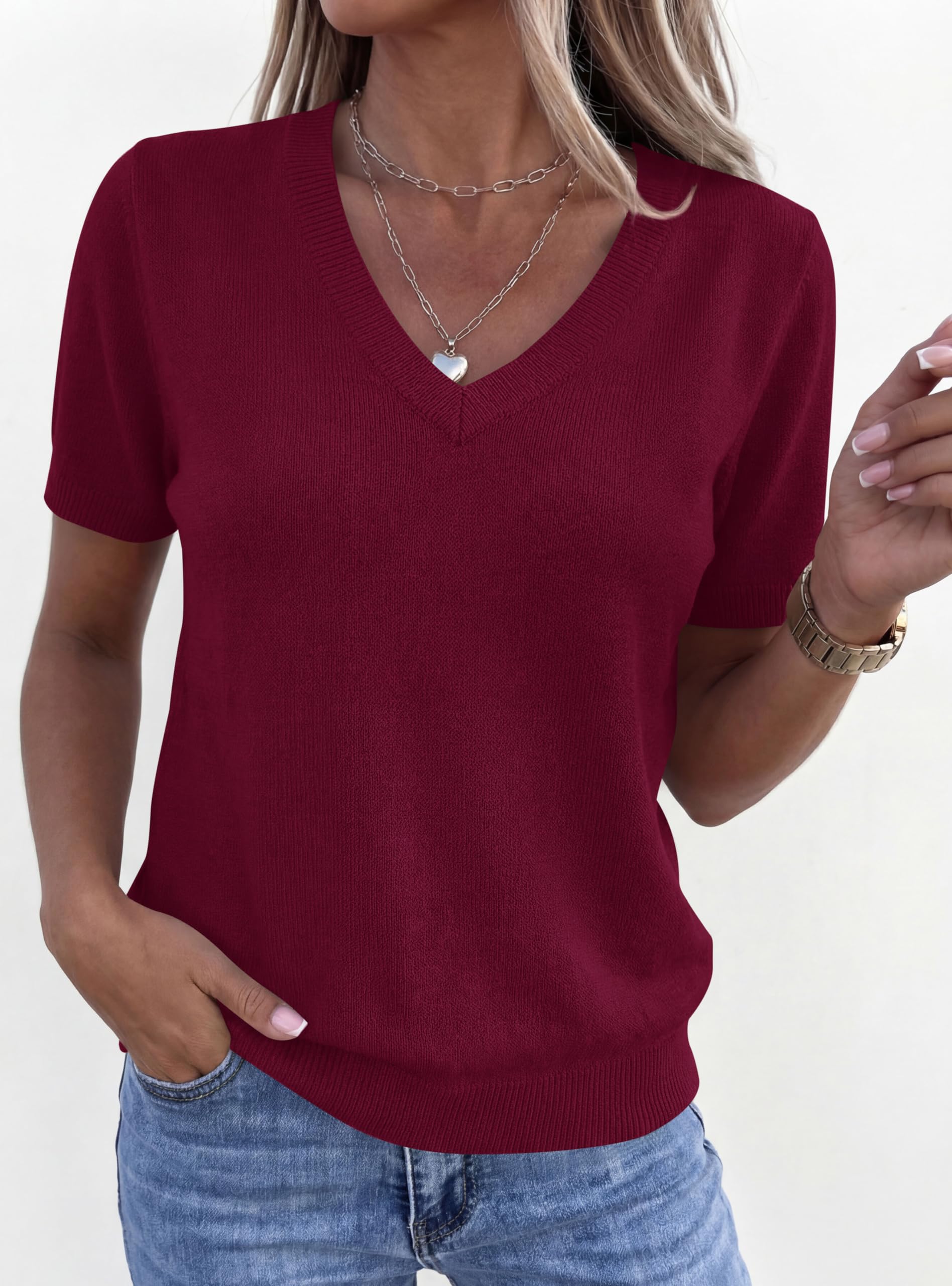 Womens Short Sleeve Sweater V Neck Tops,Wine Red,S