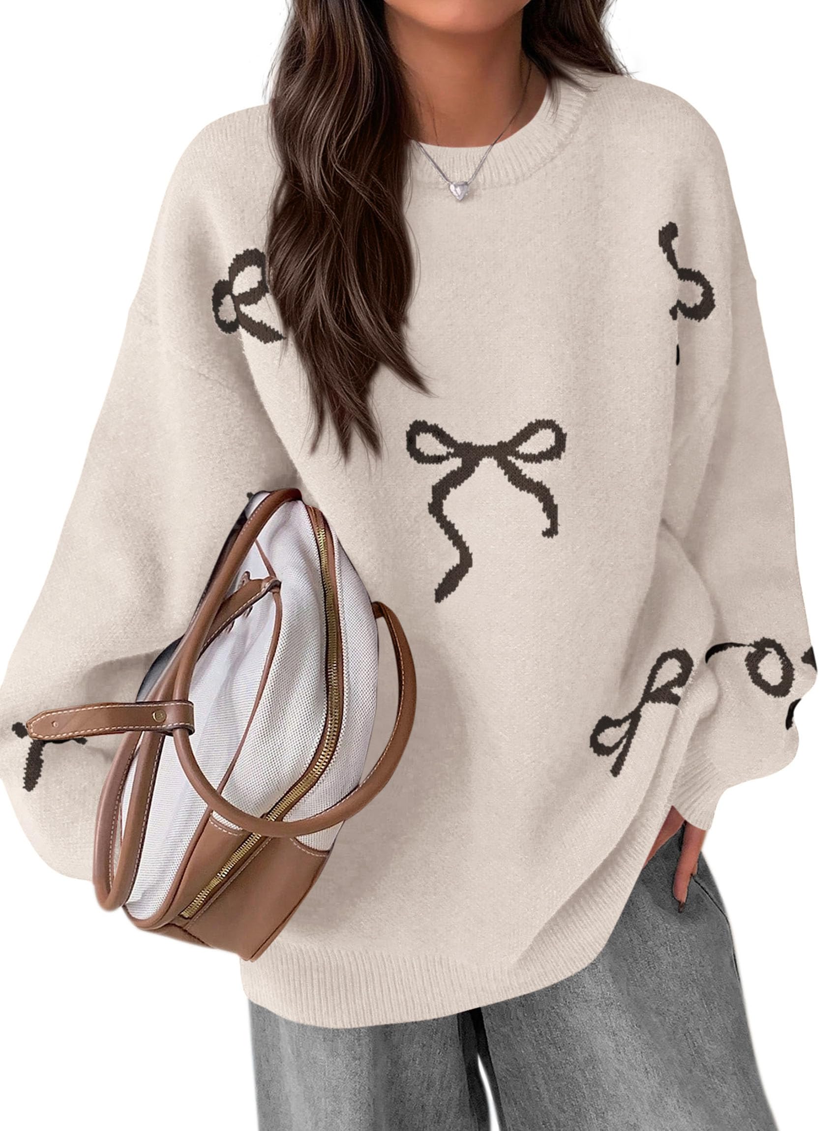 Women Long Sleeve Cute Bow Oversized Sweater,Beige,S
