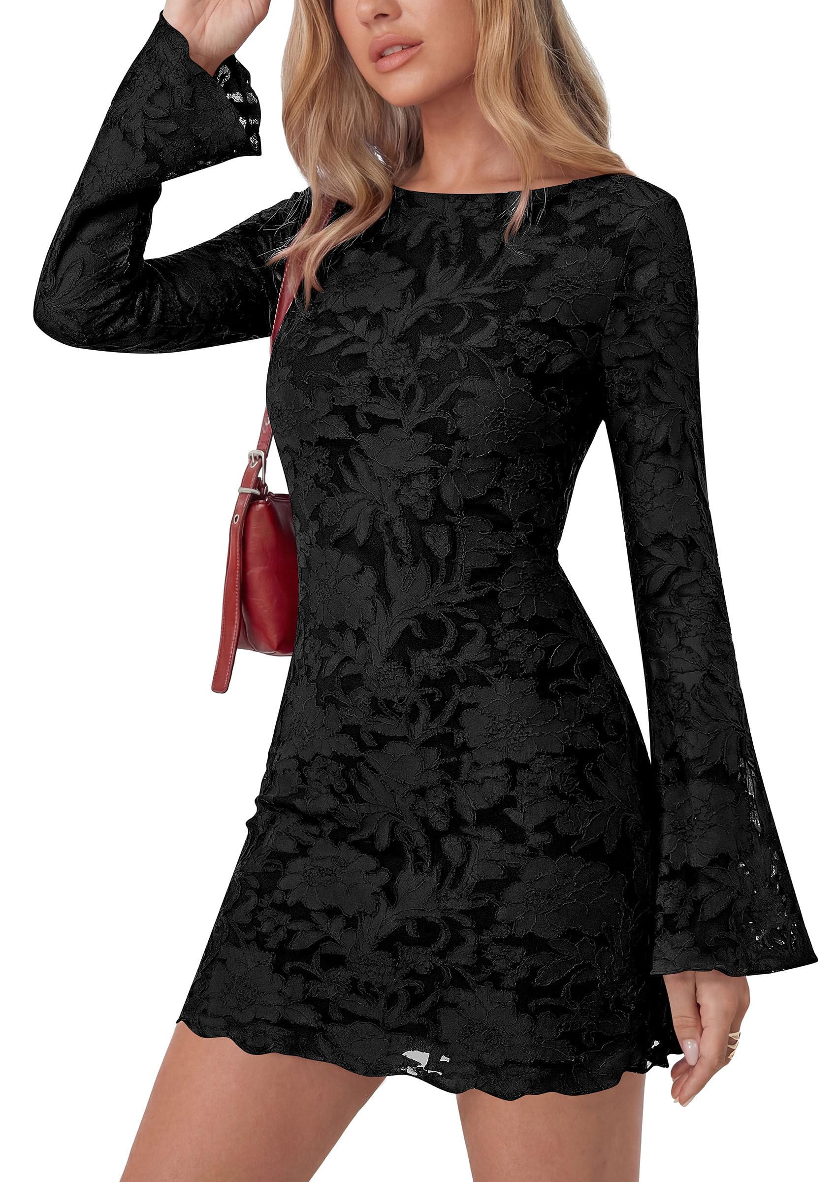 Women's Fall Floral Long Sleeve Mini Dress (Floral Black,XS)