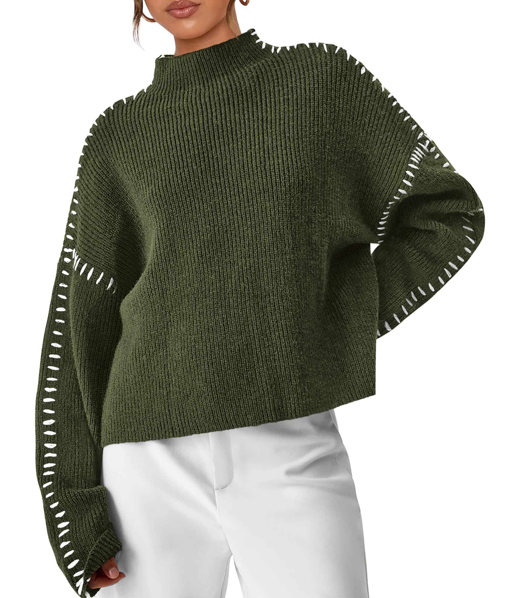 Womens Chunky Knit Oversized Pullover Sweaters,Army Green,S