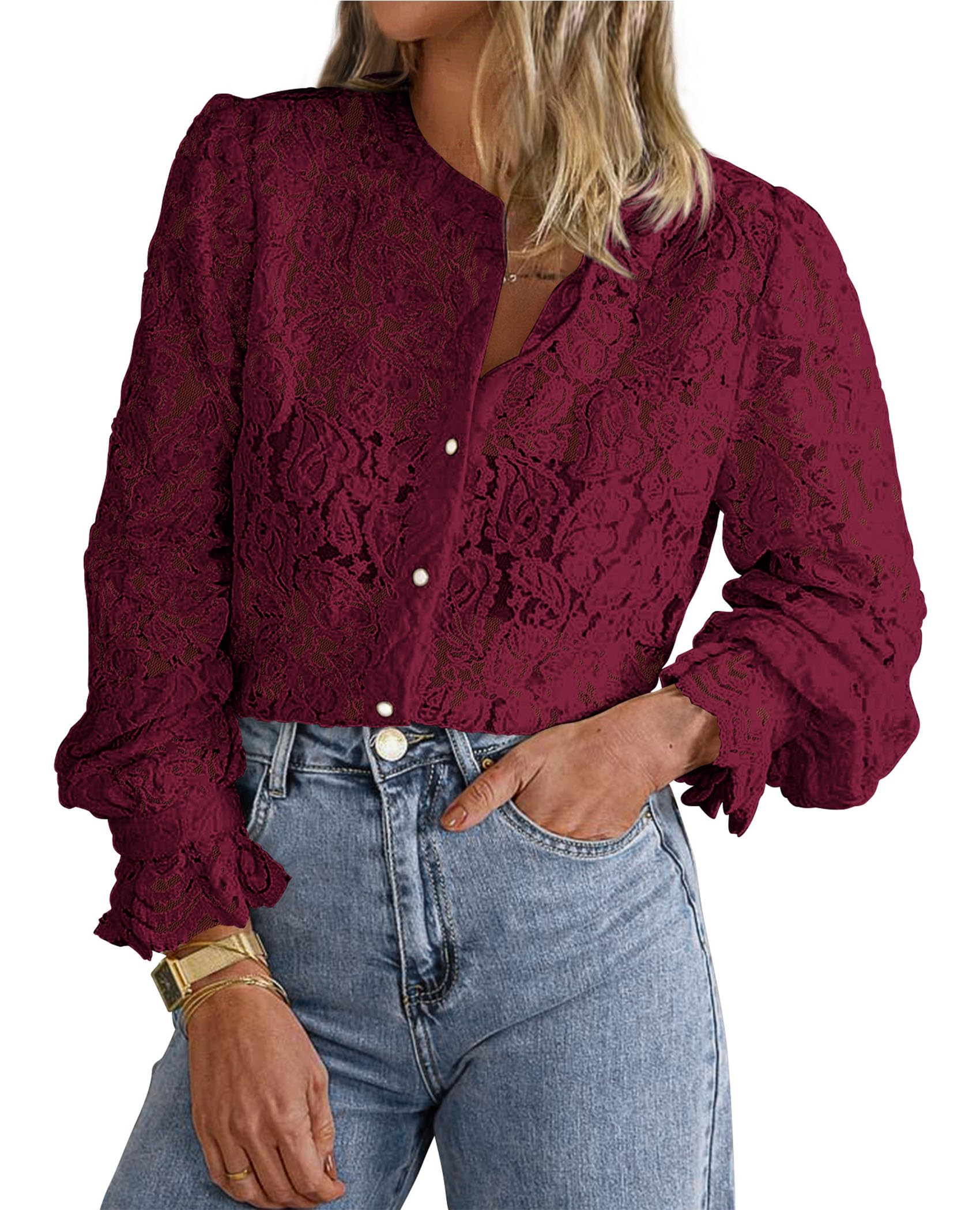 Women's Fall Trendy Long Sleeve Lace Tops(Wine Red,Small)