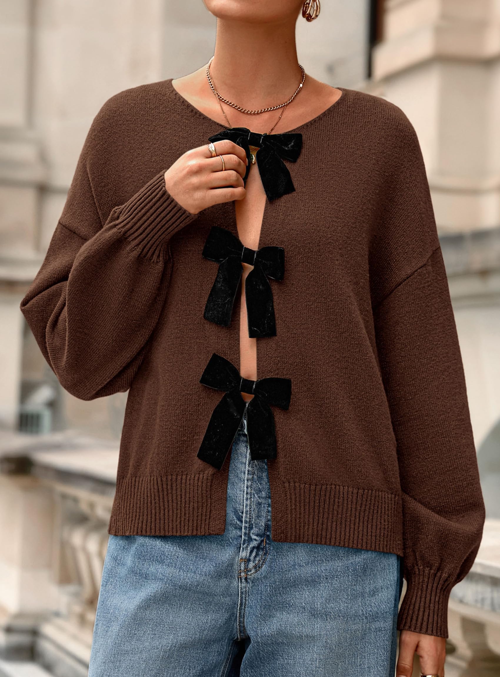 Women's Fall Bow Tie Front Cardigan Sweaters,Brown,S