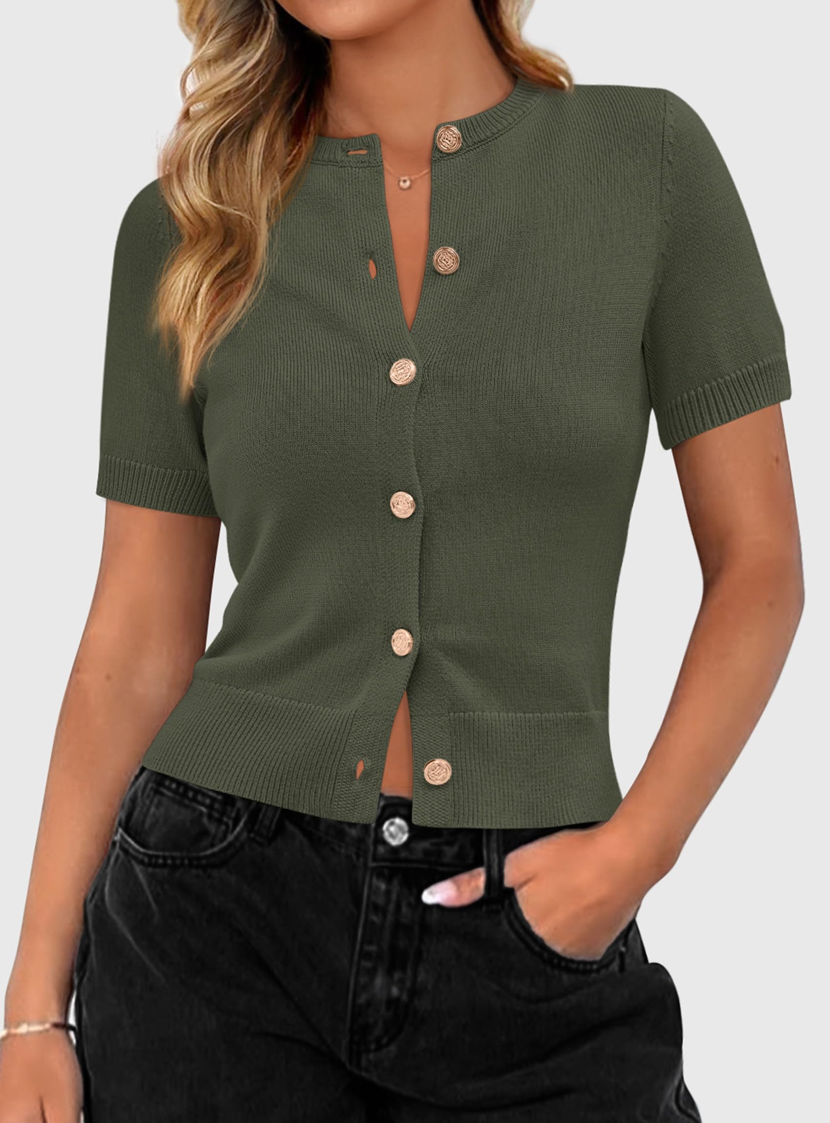 Womens Summer Cardigan Short Sleeve Sweater,Army Green,S