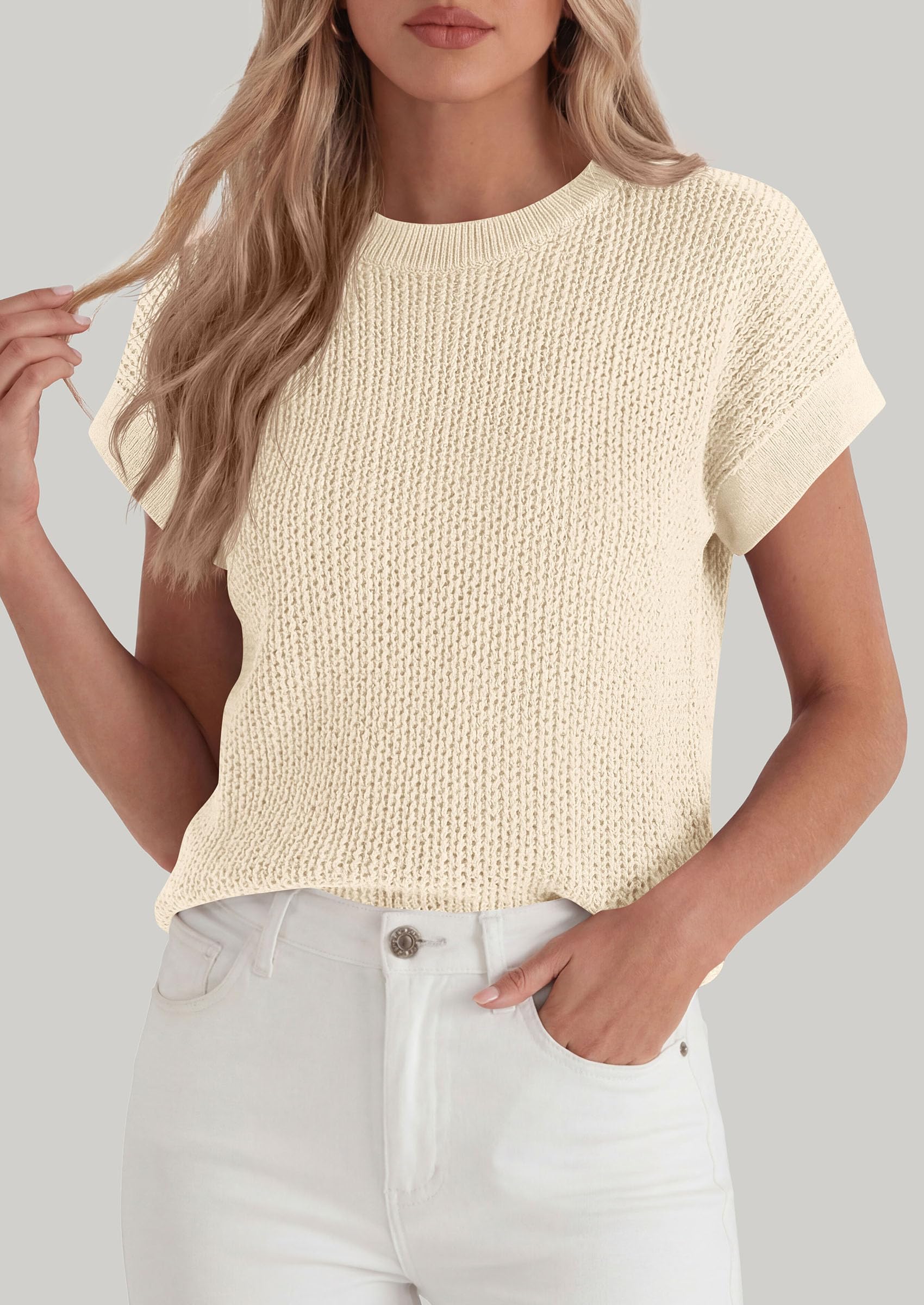 Women's Summer Sweater Vest Crochet Tops (Beige,S)