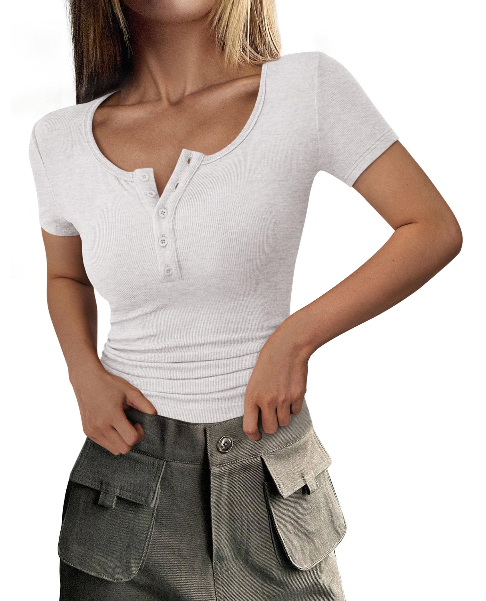 Women's Summer Tops Henley Tee Shirts (Light Grey,X-Small)