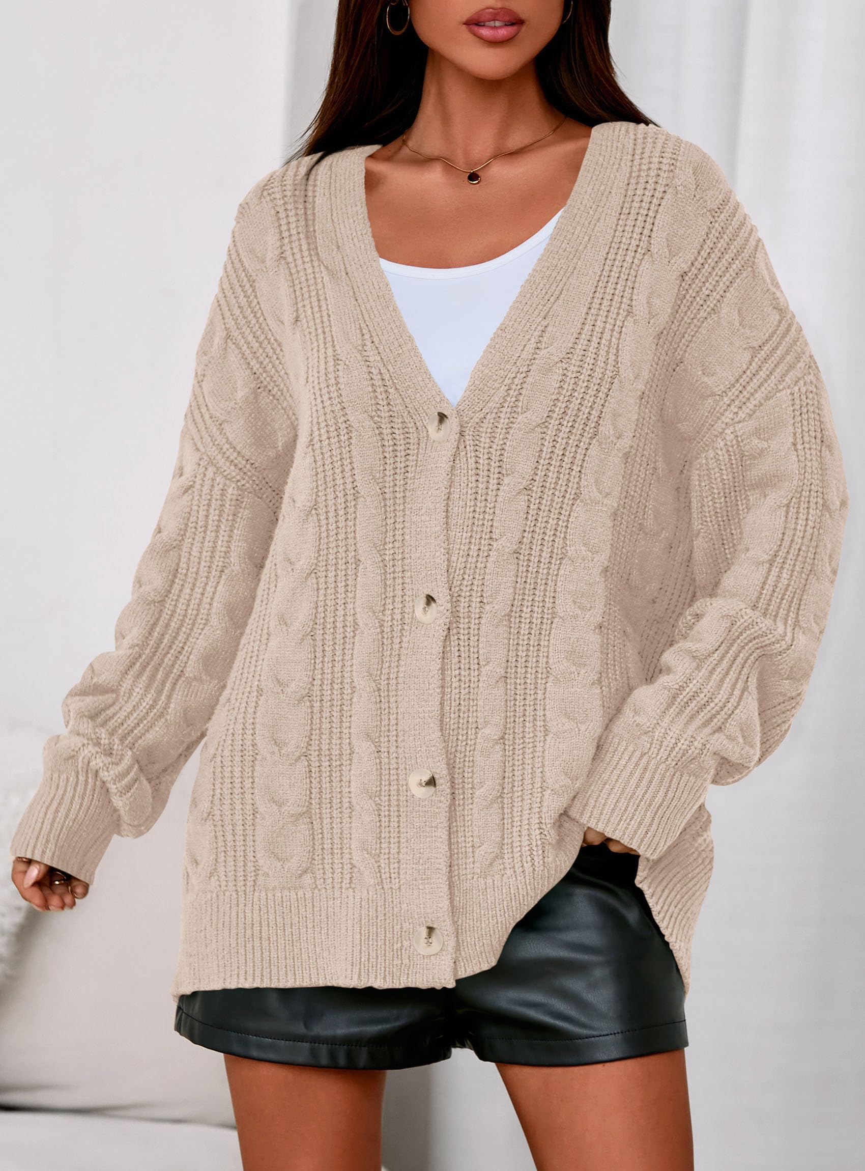 Womens Chunky Cardigan Sweaters 2025 Fall Oversized Cable Knit Long Sleeve Open Front Cardigans Winter Clothing (Apricot,Medium)