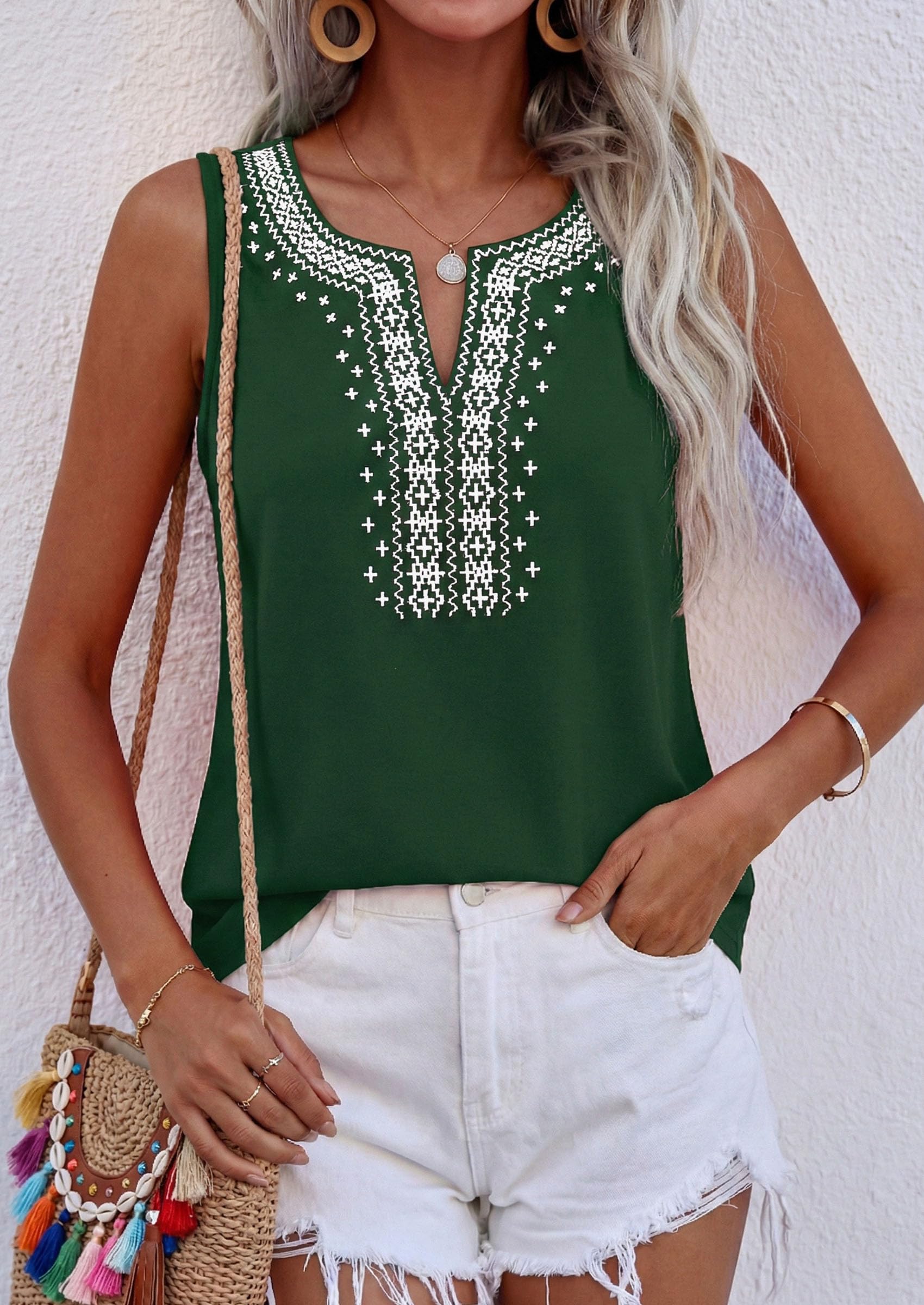 Womens Embroidered Sleeveless Tank Tops Dark Green,S