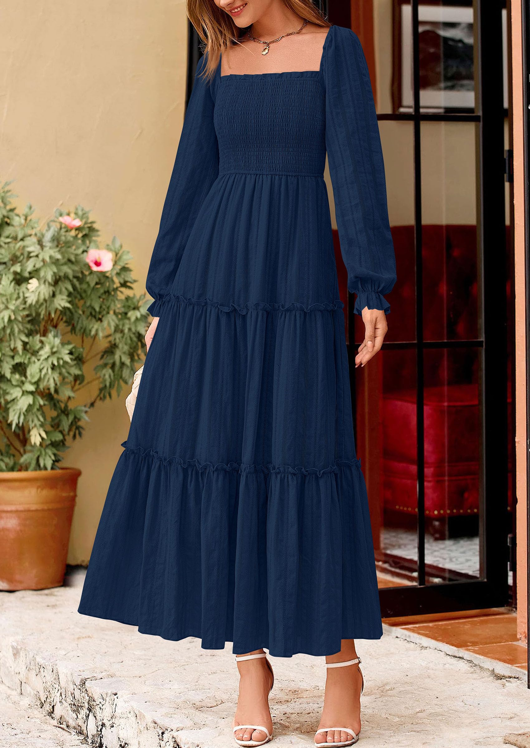 Women's Long Sleeve Ruffle Flowy Maxi Dress,Navy Blue,S
