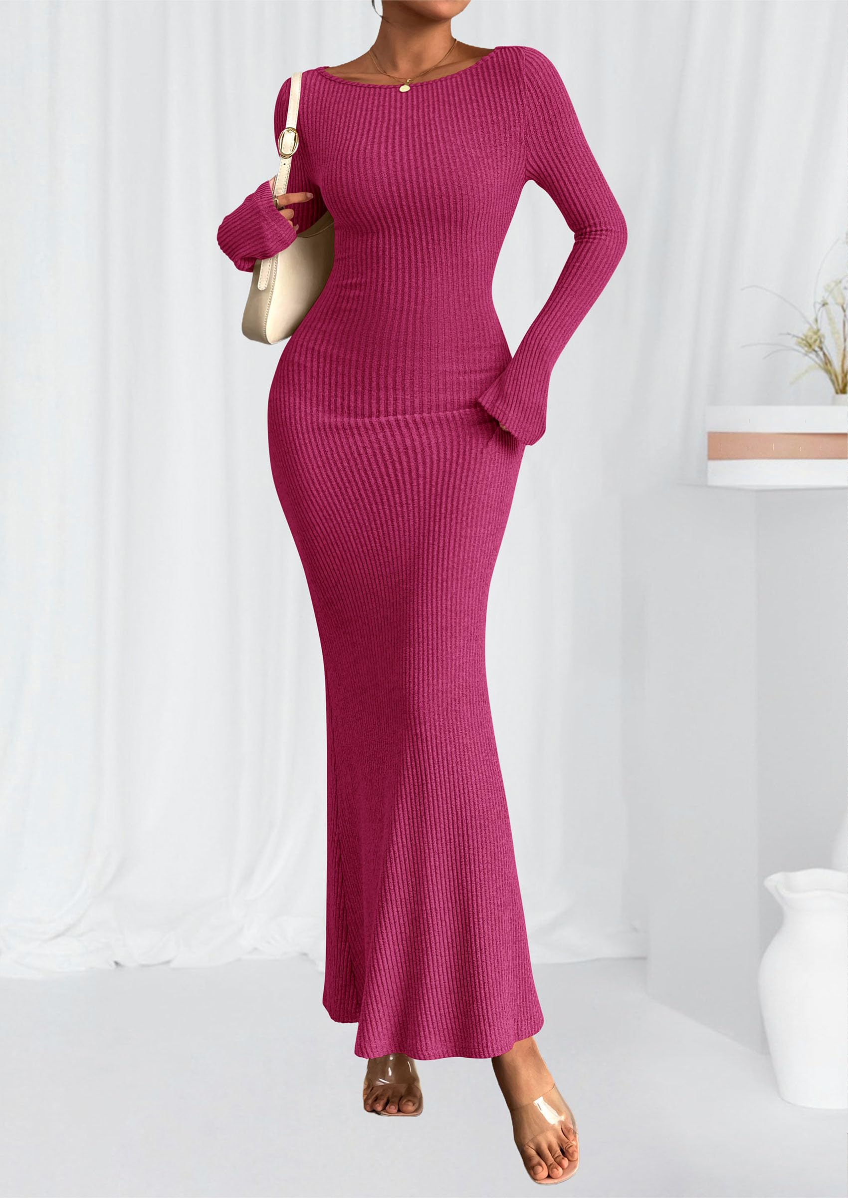 Women's Fall Long Sleeve Bodycon Maxi Dresses (Rose Red,XS)