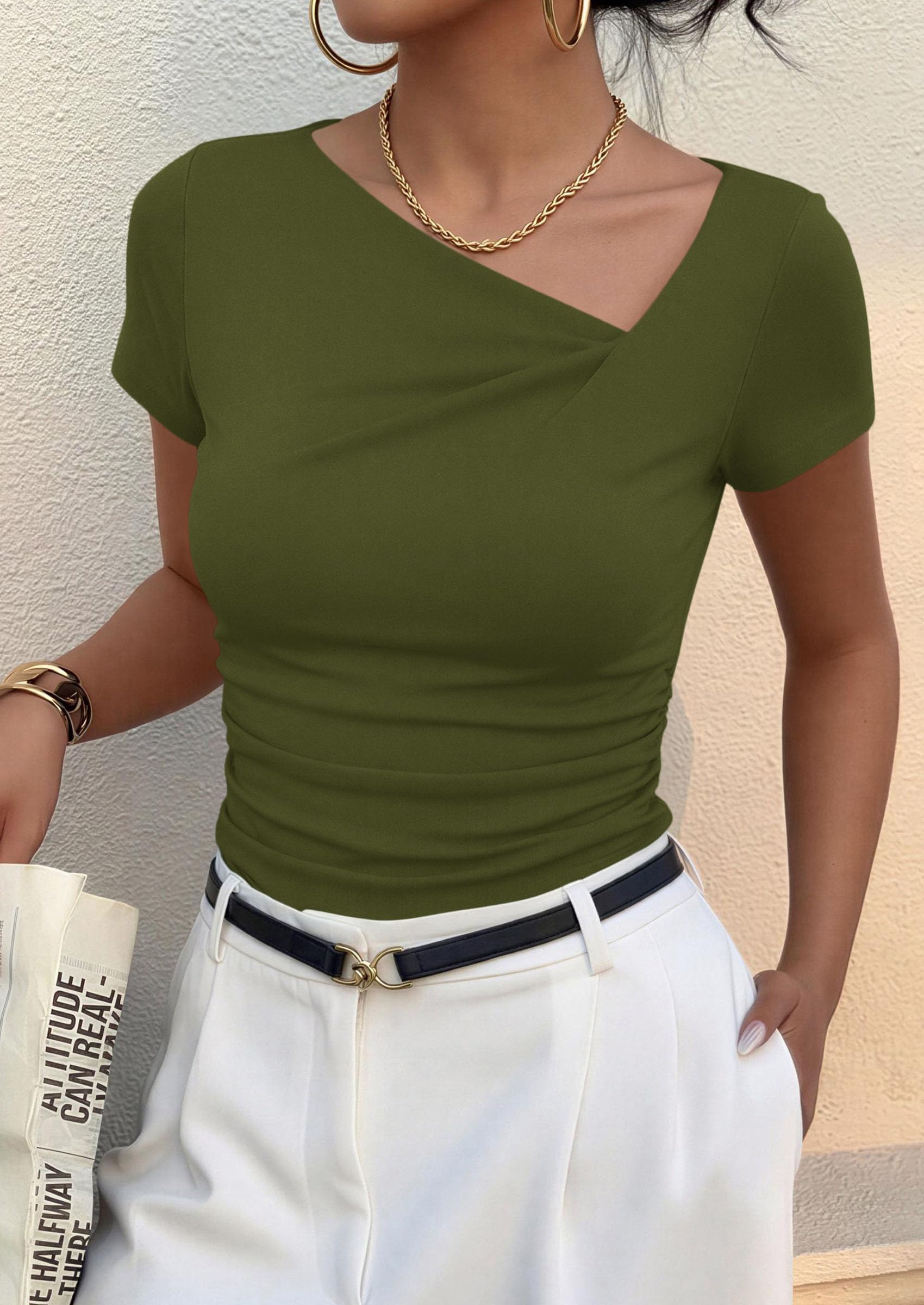 Women's Summer Trendy Asymmetrical Y2K Tops (Army Green,S)