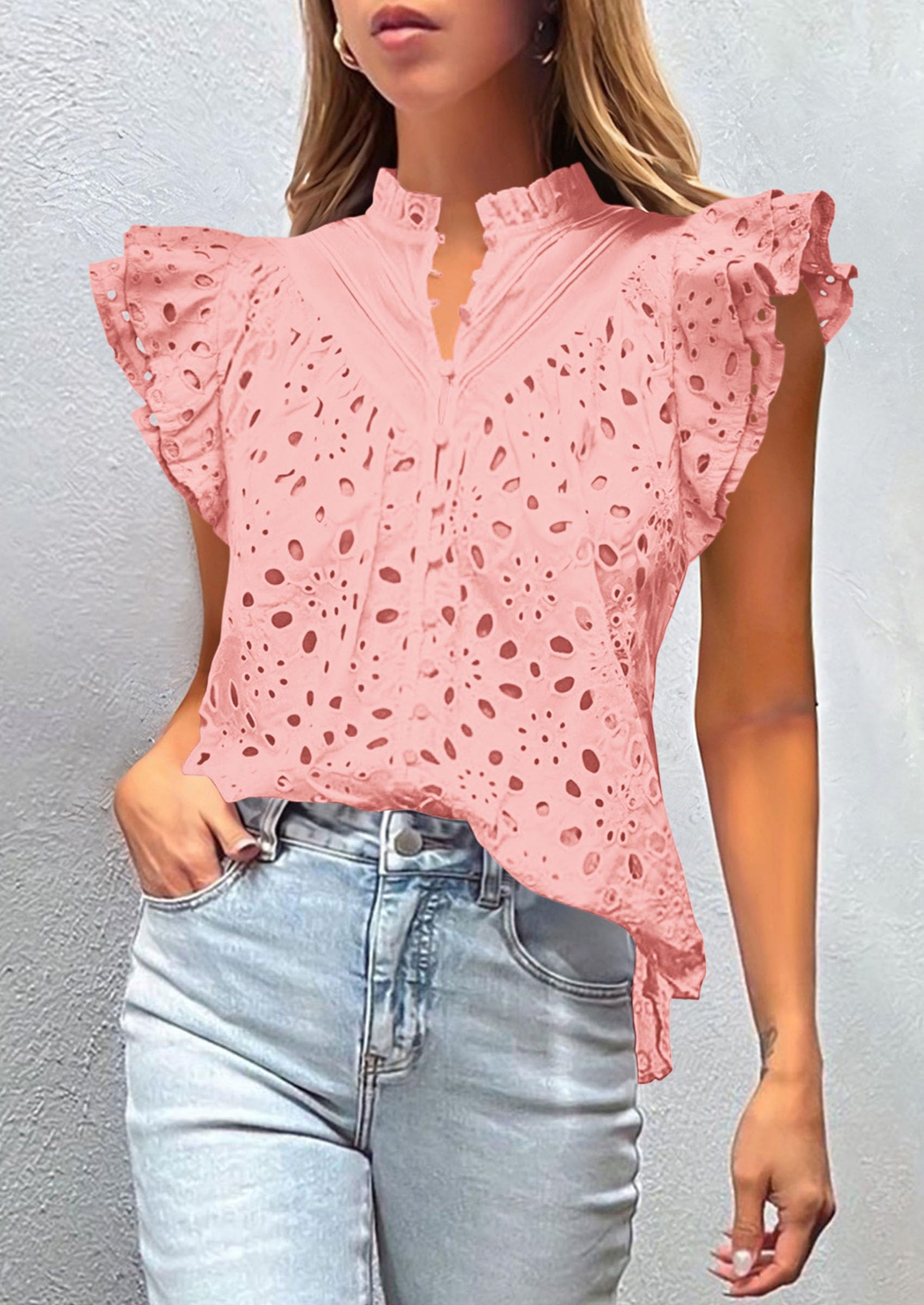 Women's Eyelet V Neck Summer Tops Dressy Casual Pink,S