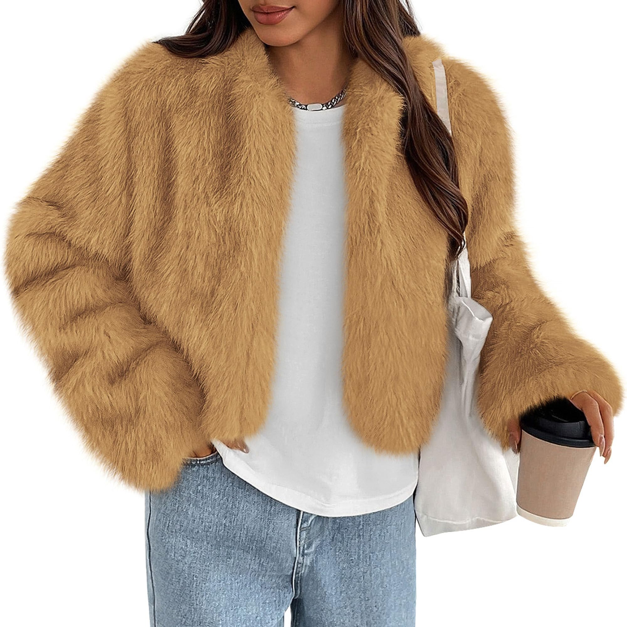 Womens Winter Coats Open Front Faux Fur Jacket,Yellow,XXL