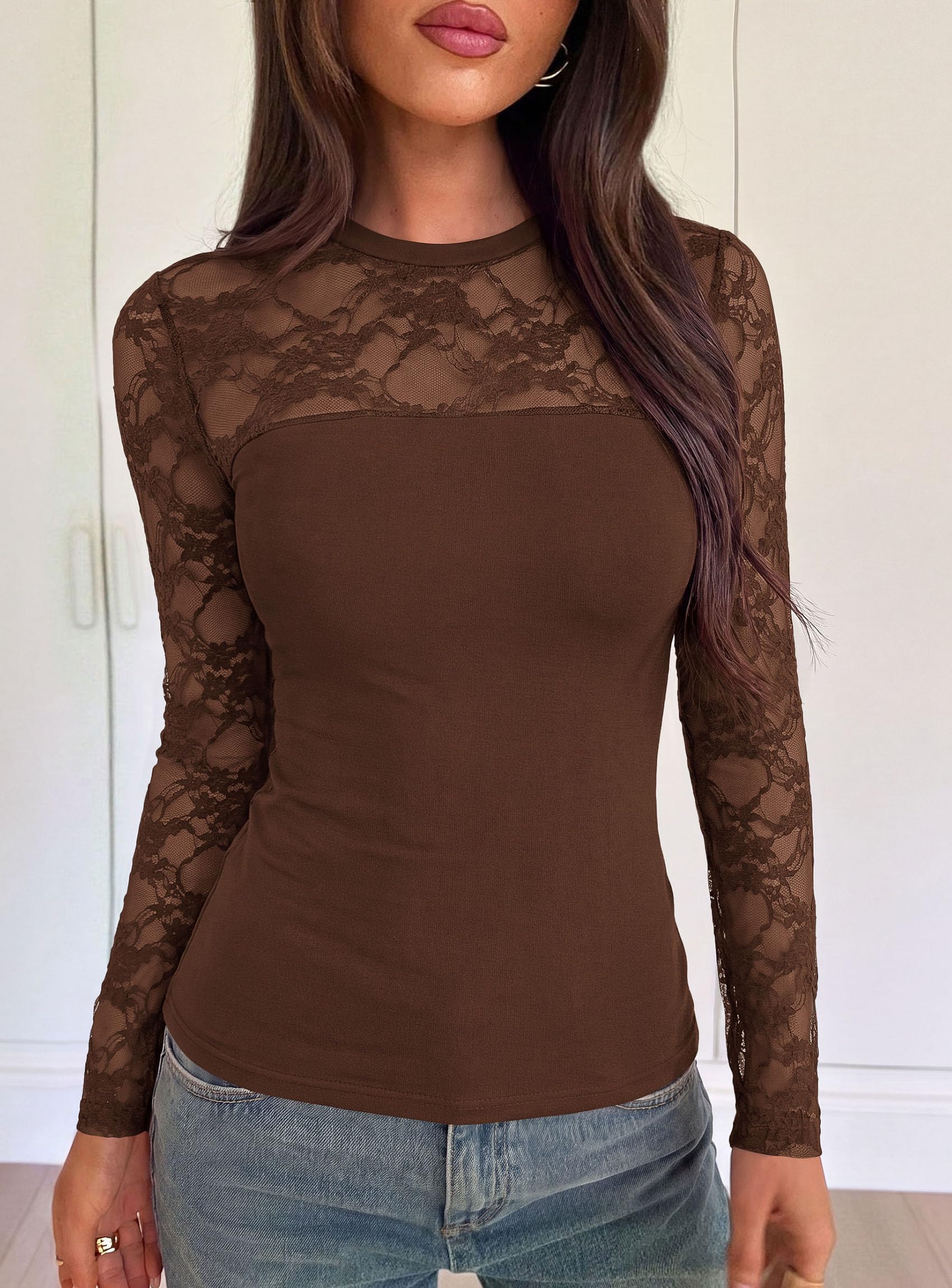 Womens Mesh Sheer Shirts Lace Long Sleeve Tops,Brown,S