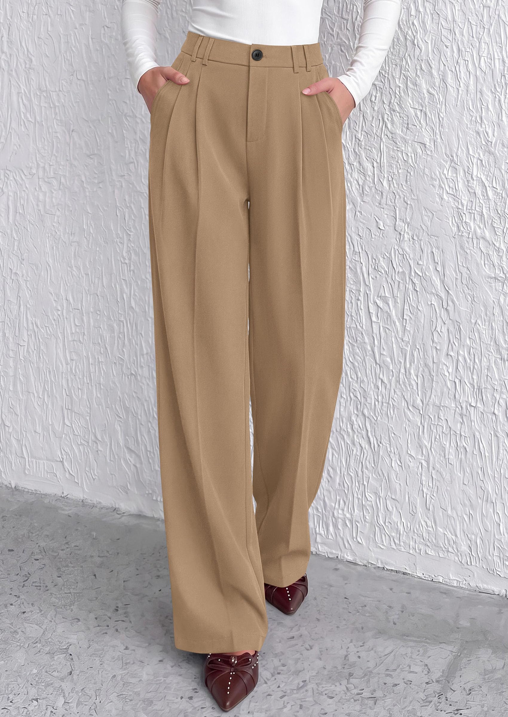 Women's Dress Pants Wide Leg Flowy Trousers,Light Khaki,S