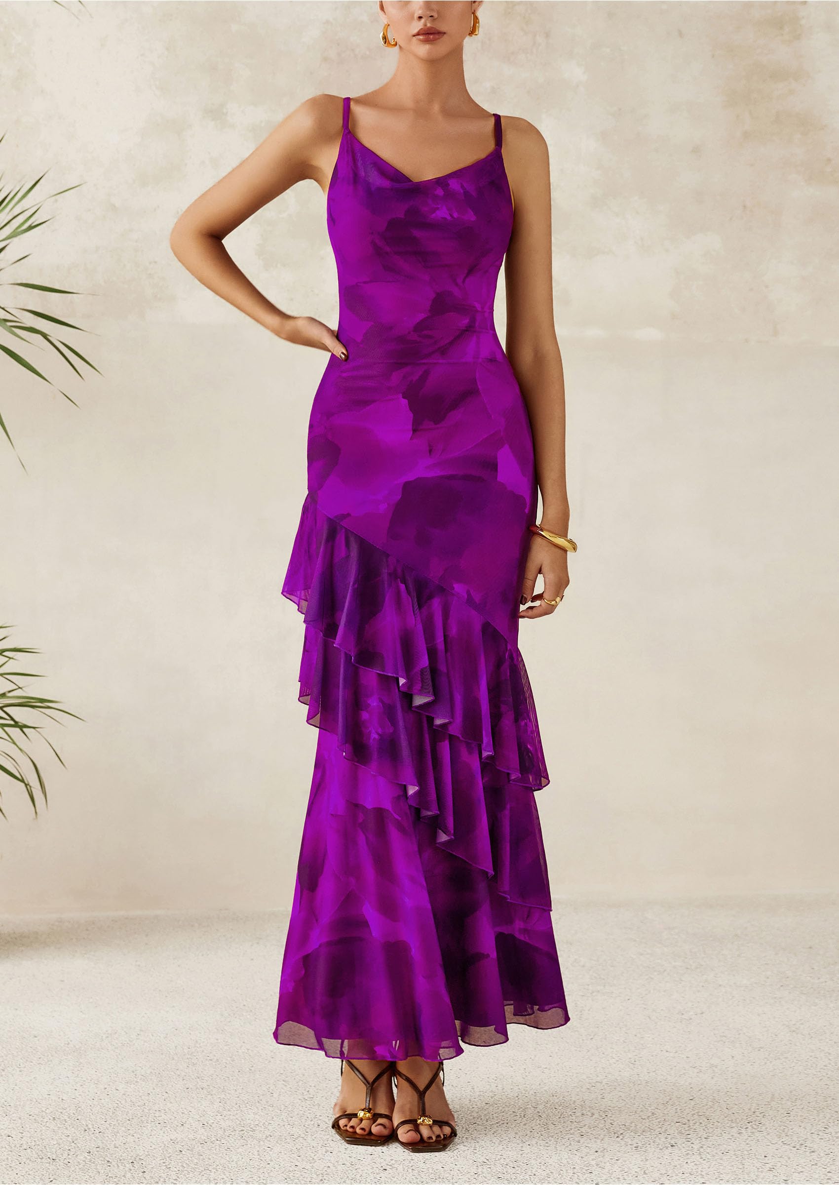 Women's Boho Floral Tiered Maxi Dress, Print Purple,XS