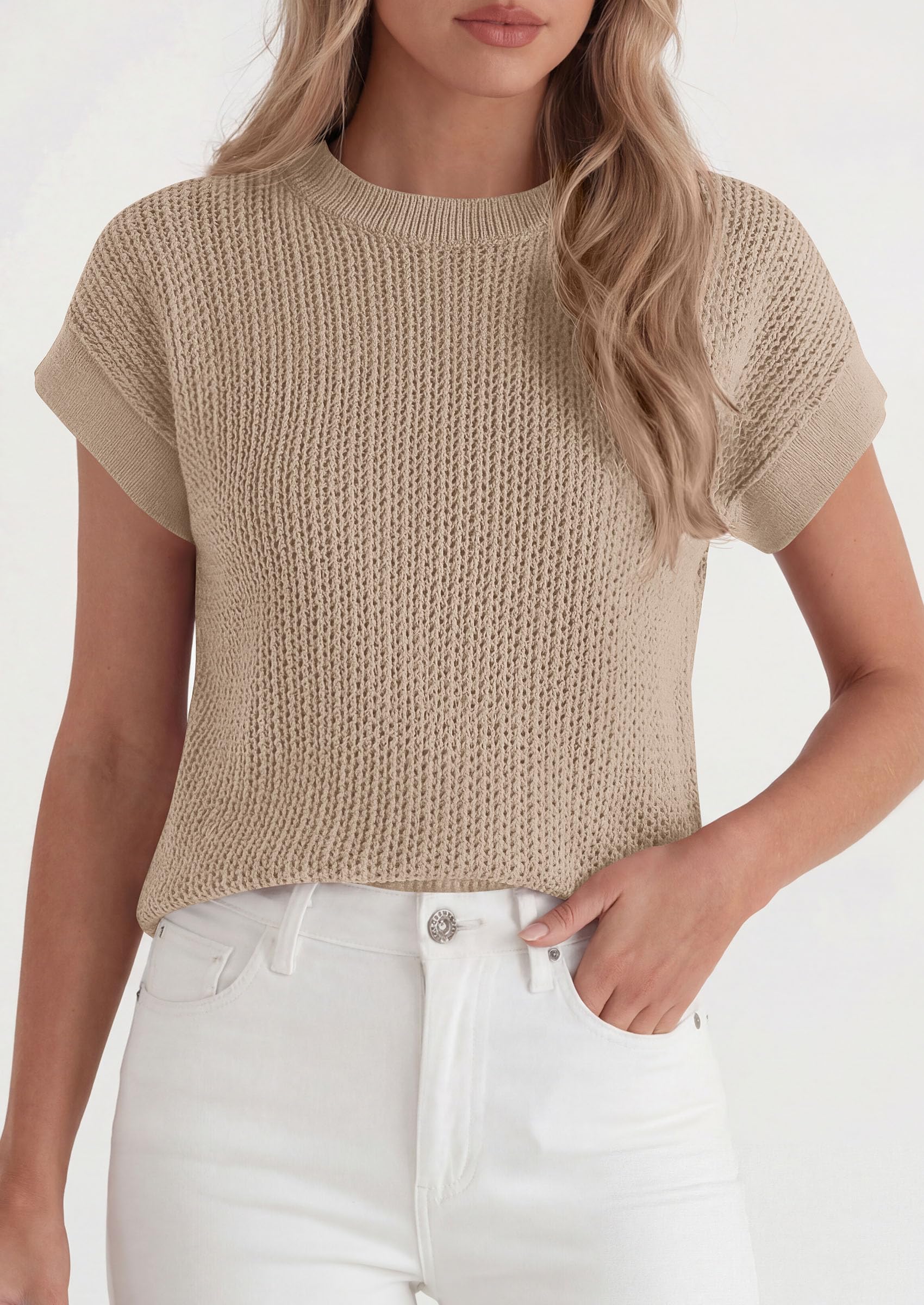 Women's Summer Sweater Vest Crochet Tops (Khaki,S)